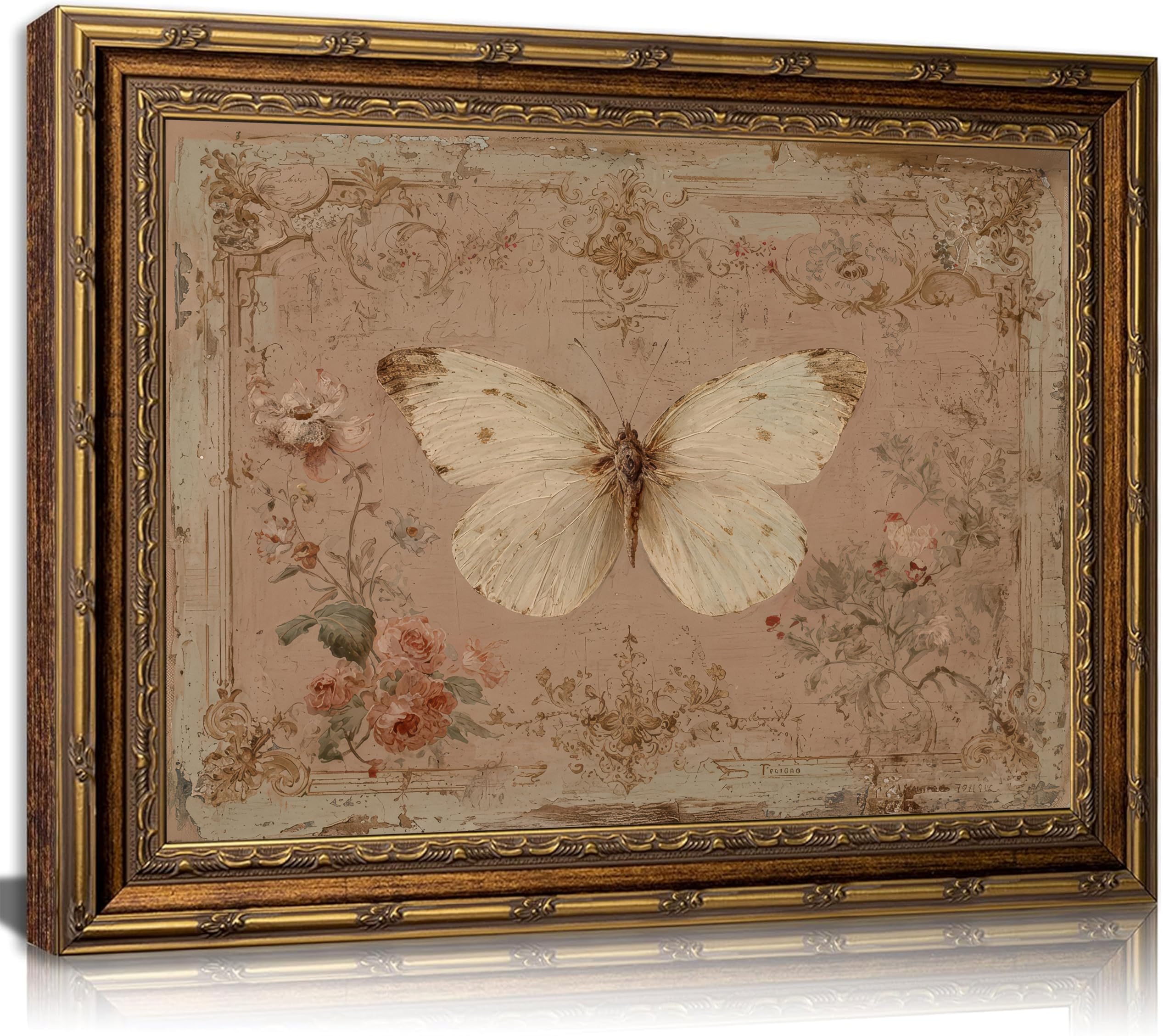Gold Framed Wall Art Vintage Butterfly Canvas Wall Art White Moth Moody Rustic Insect Artwork Prints Picture for Living Room Bedroom Farmhouse Bathroom Office D