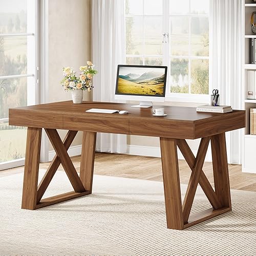 Miniatura 9 de Tribesigns Escritorio ejecutivo de escritorio de 55 pulgadas de ancho con cajón, escritorio de oficina retro marrón para computadora, mesa de