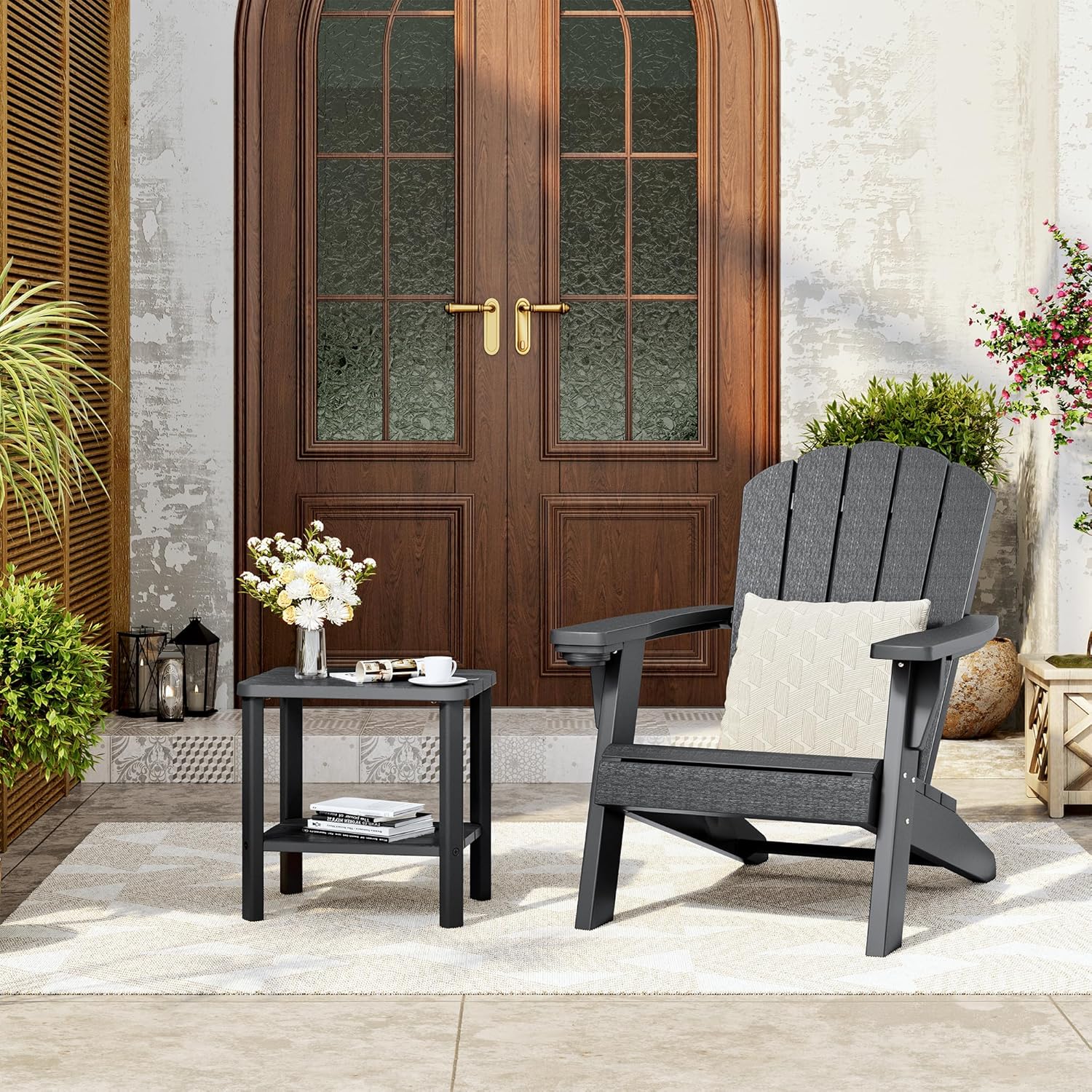 KAMABOKO Outdoor Side Table for Patio, 2-Tier Adirondack End Table 16" HDPE Waterproof Square Storage All-Weather Table for Lawn, Pullside, Beach and Indoor(Black)
