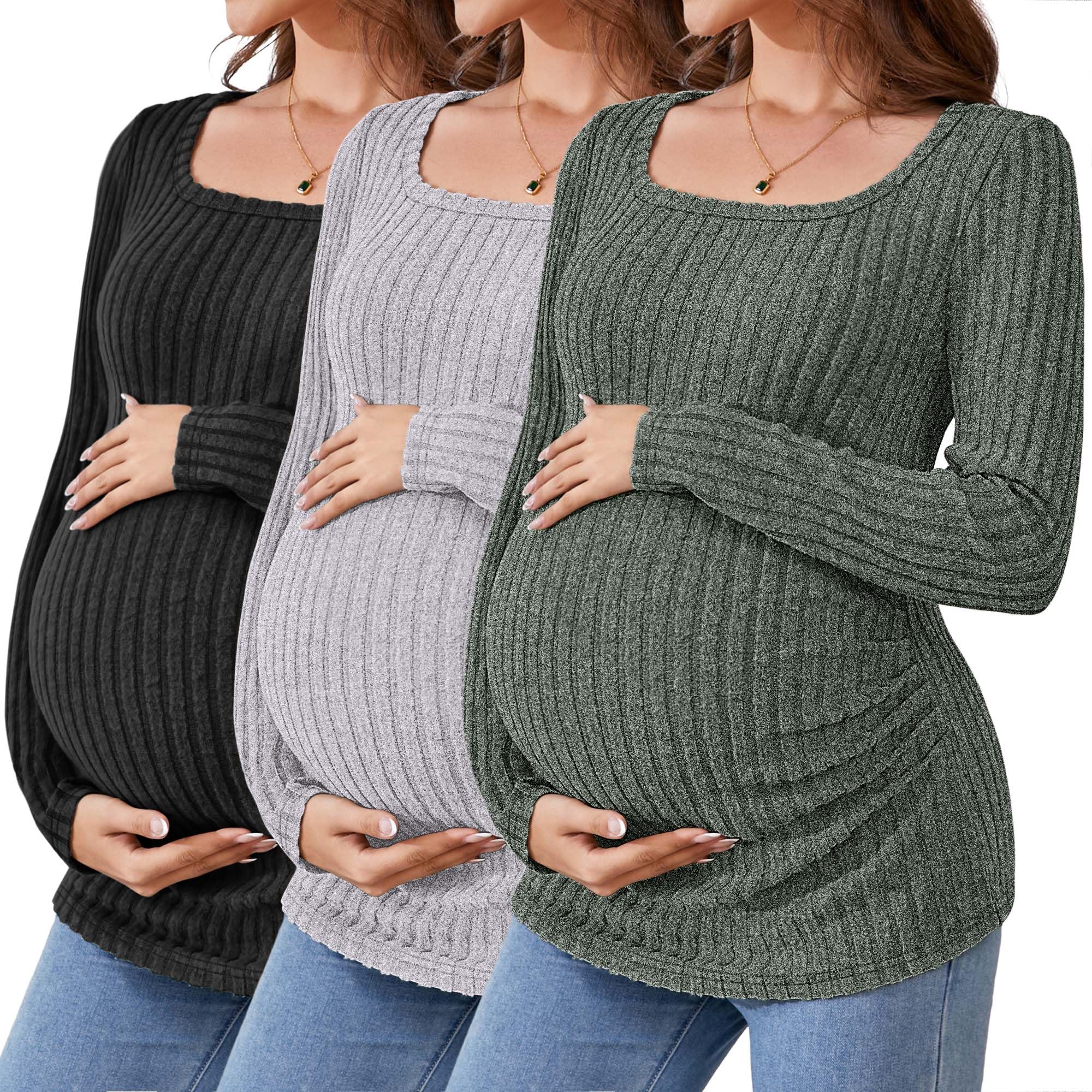 Ficerd 3 Pack Scoop Neck Ribbed Knit Long Sleeve Tees