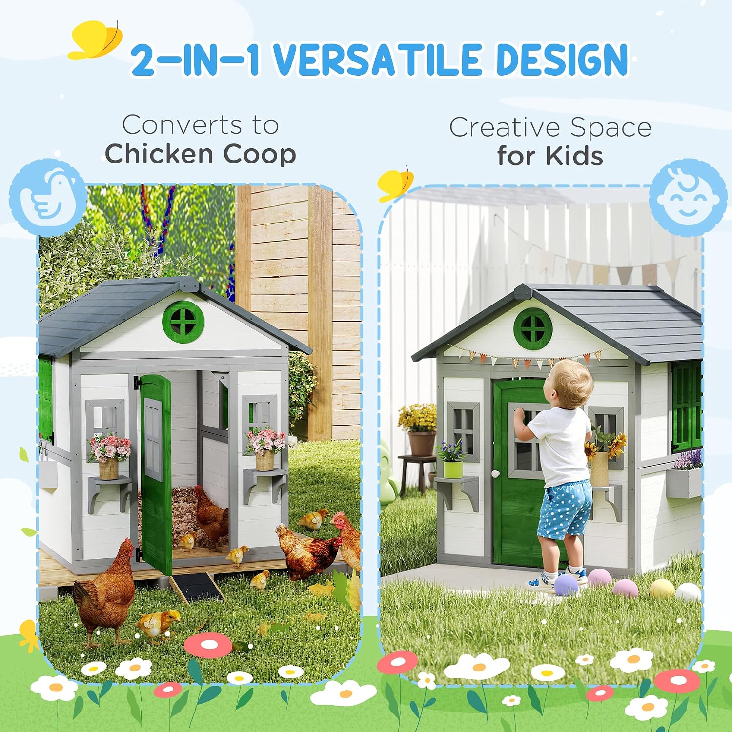 Outsunny Outdoor Kids Playhouse, Wooden Playhouse with Dutch Door, Windows, Flower Holders and Boxes for Toddlers 3-8 Years, Cottage Play House for Backyard, DIY Chicken Coop, White