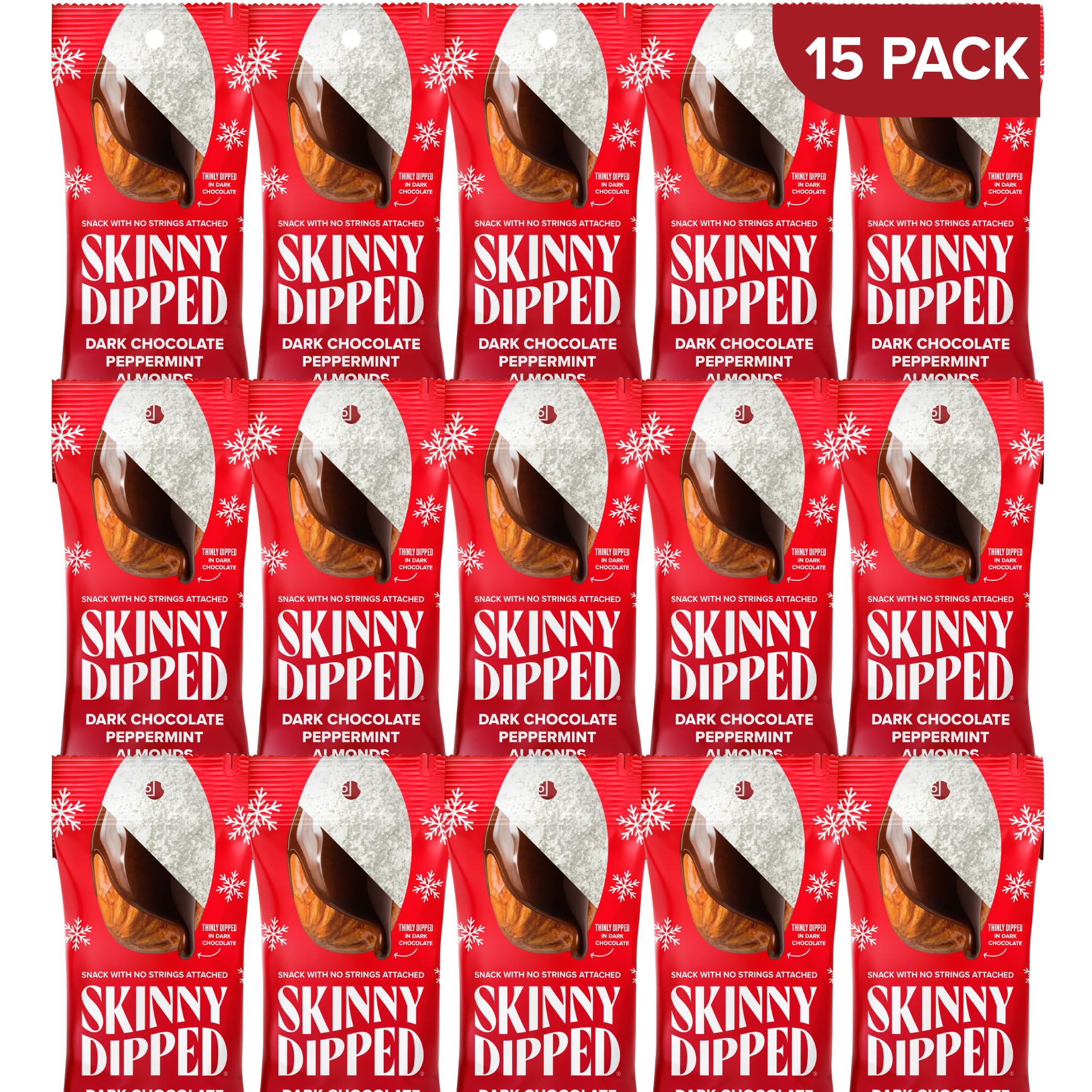 SkinnyDipped Dark Chocolate Peppermint Covered Almonds, Healthy Snack, Plant Protein, Gluten Free, 1.2 Ounce (Pack of 15)