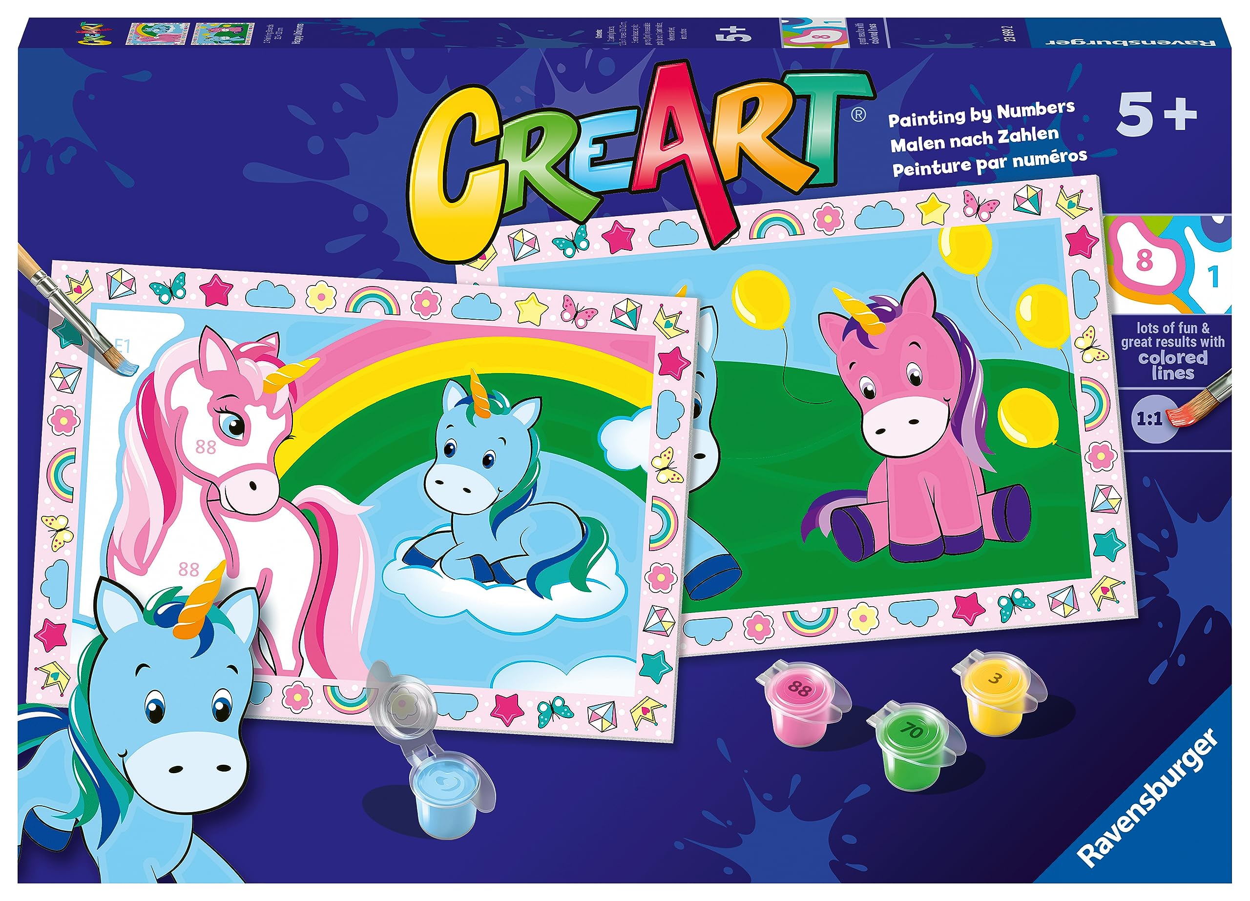 Ravensburger - CreArt Serie Junior: Divertidos unicornios, Kit para Pintar por Números, Contiene dos Tablas Preimpresas, un Pincel, Colores, Juego Creativo para Niños y Niñas 5+ Años