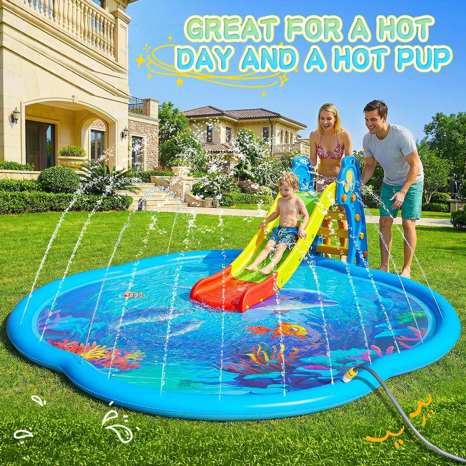 ChlorBlu Splash Pad,186CM Almohadilla Aspersor de Juego PVC, Tapete de Juegos de Agua para Actividades Familiares,Aspersor de Agua para Niños y Perros,Juguetes Acuáticos para Exteriores Fiesta Jardín