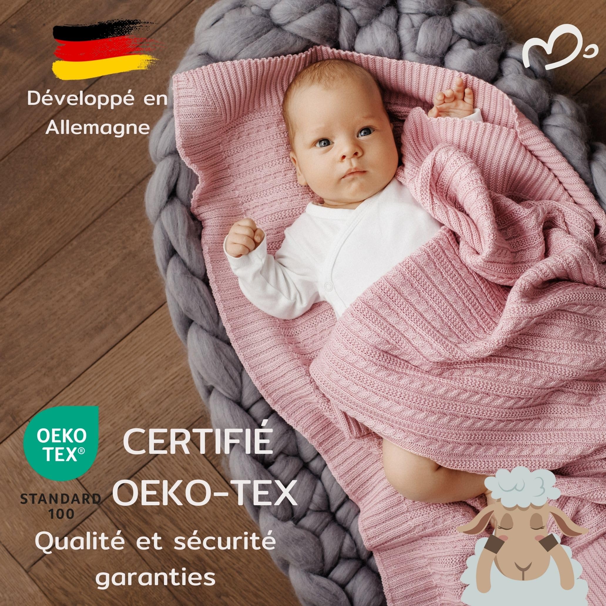 Couverture pour bébé en 100 % laine mérinos – Couverture douillette pour bébé 75 x 100 cm – Couverture en laine pour poussette – Cadeau de naissance fille – Indispensable – Couverture pour