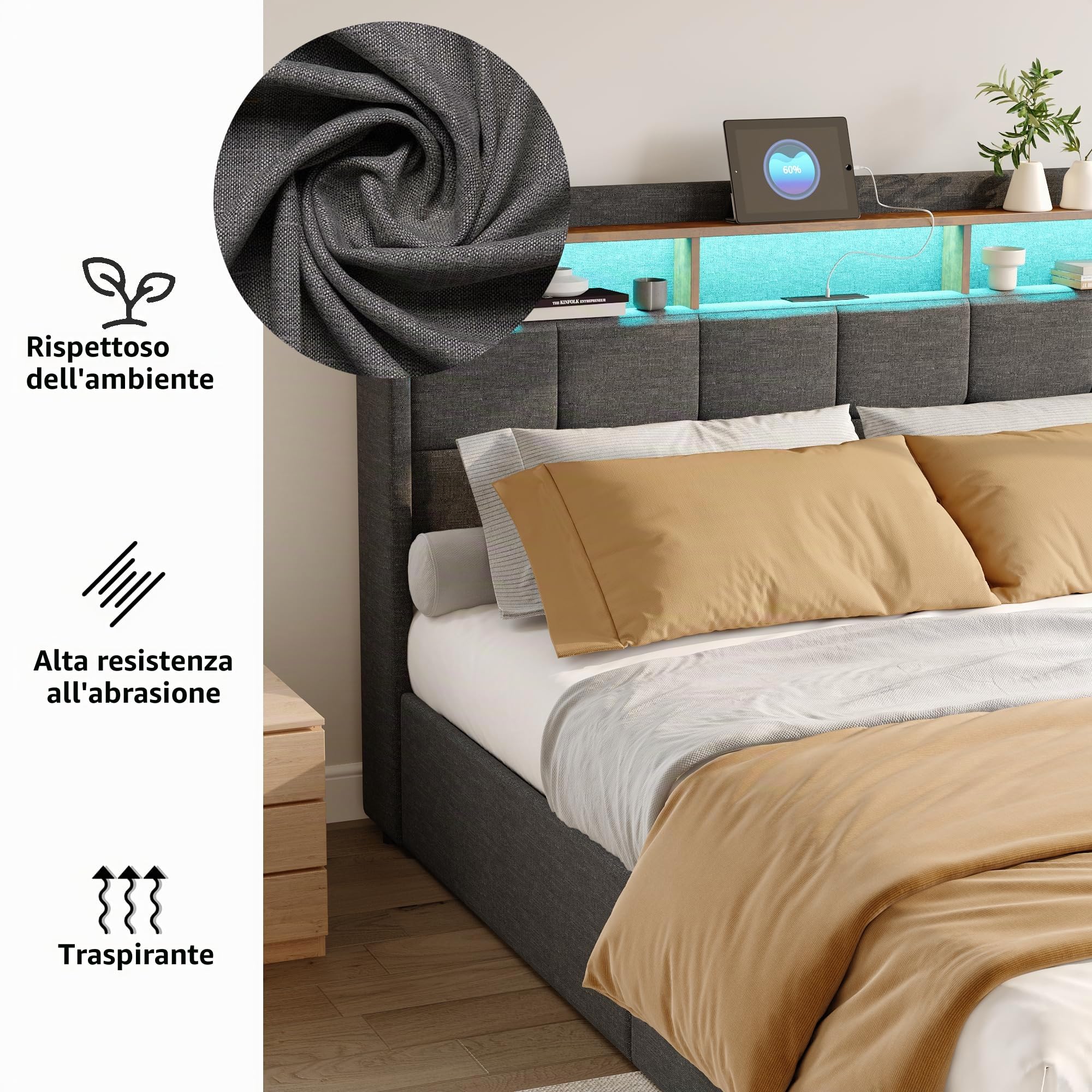 Telaio da letto 160 x 200 con rete, letto matrimoniale con illuminazione a LED e ricarica USB, imbottito con 4 cassetti, facile da montare, lino, senza materasso, grigio