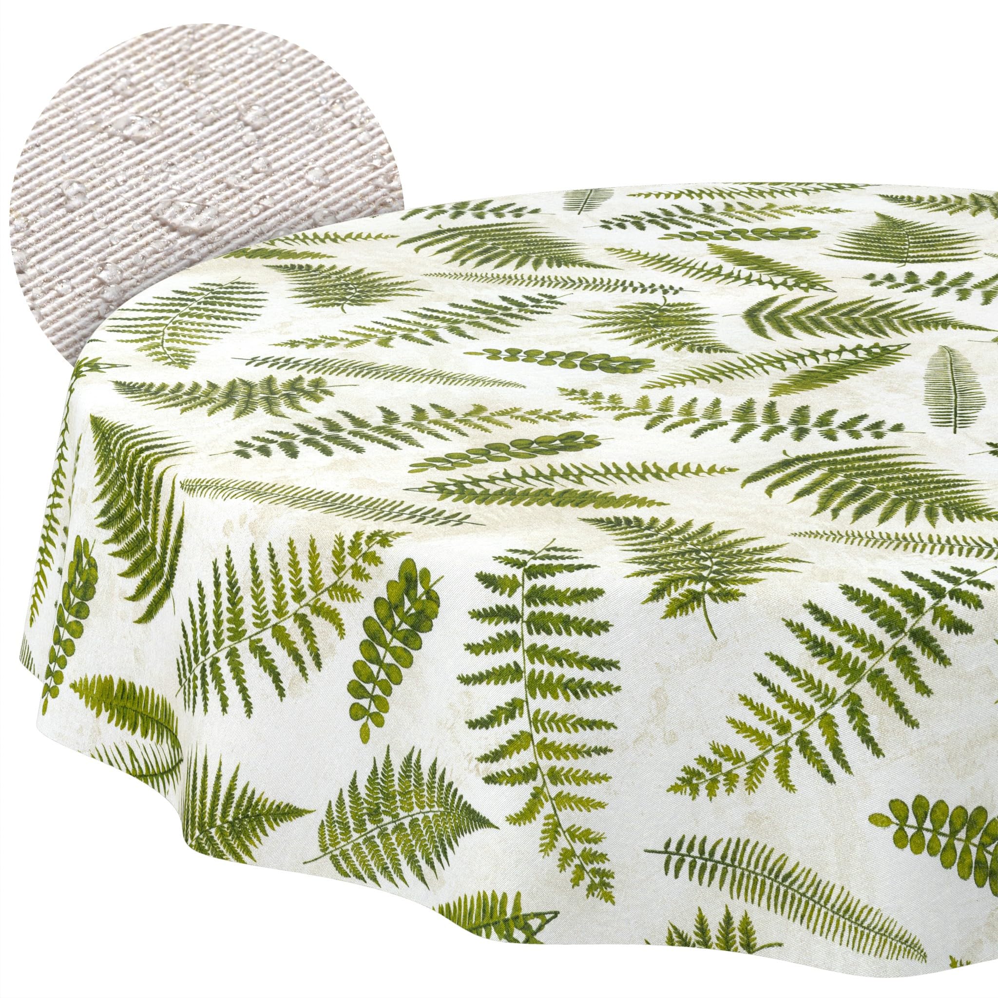 ANRO Washable Tablecloth Fern Round 140 cm - Water Resistant Indoor Outdoor Lotus Effect Cut Edge