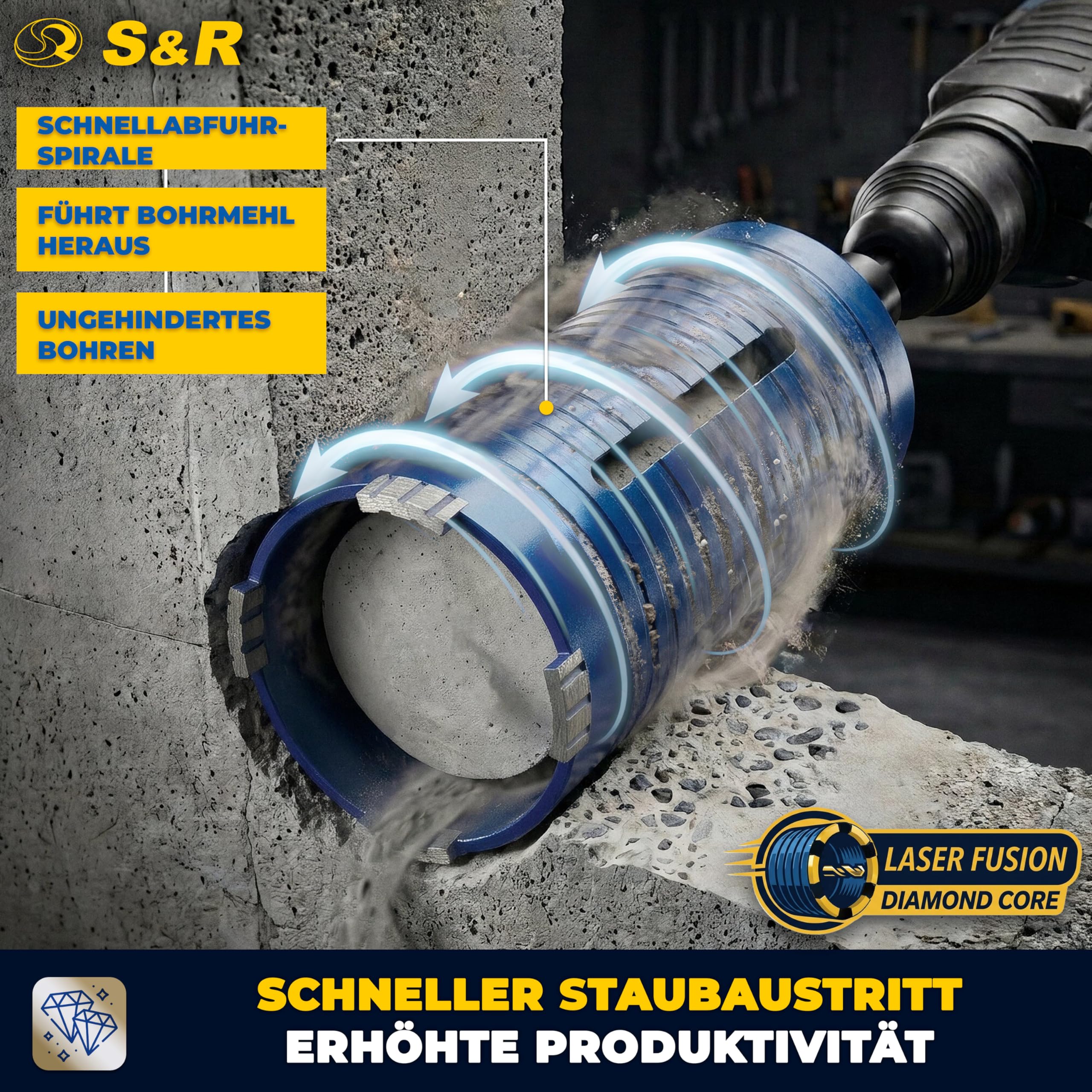 S&R Diamentowa koronka wiertnicza 72 mm, wiertło rdzeniowe M22, długość 200 mm, segment 10 mm, wiertło centrujące, adapter SDS-plus, koronka wiertnicza na sucho, diamentowa koronka wiertnicza do