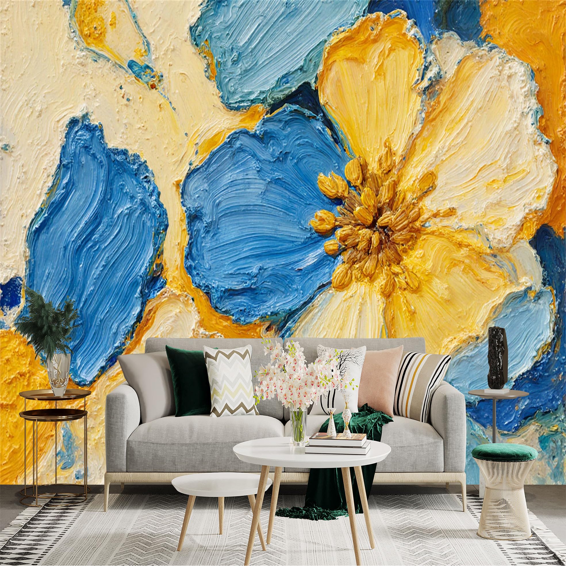 Custom Size Wall Sticker Mural， Abstract Blue and Yellow Flowers， Heavy Texture Oil Painting Style， for wall Decoration， peelandstick wall Decals.