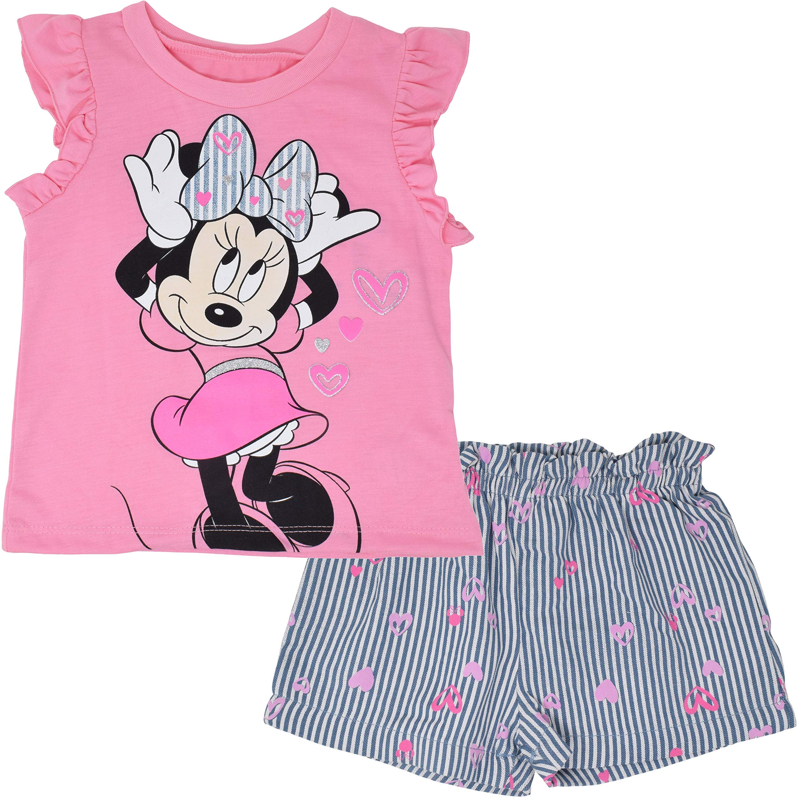 DisneyMinnie Mouse Rainbow Floral T-Shirt and Chambray Shorts Outfit Set Infant to Big Kid Sizes (12 Months - 14-16)