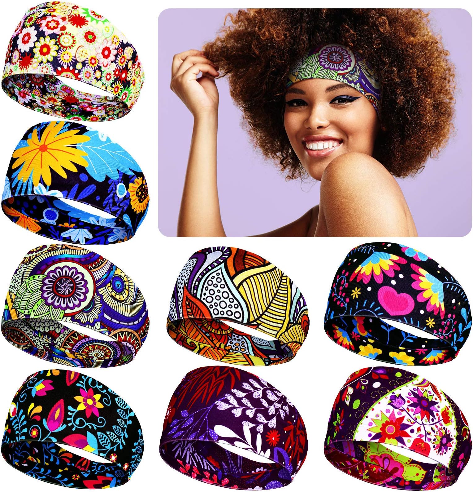 WILLBOND 8 Pcs Wide African Headband for Women Stretchy Boho Print Hairband Non Slip Headwrap Elastic Turban Head Grip Band for Women Yoga Workout Running Hair Accessory(Floral Pattern)