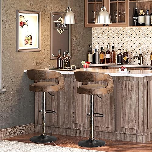 Miniatura 2 de VECELO Juego de 2 taburetes de bar giratorios ajustables modernos de piel sintética, taburetes de barra con respaldo y brazos, para cocina (blanco)