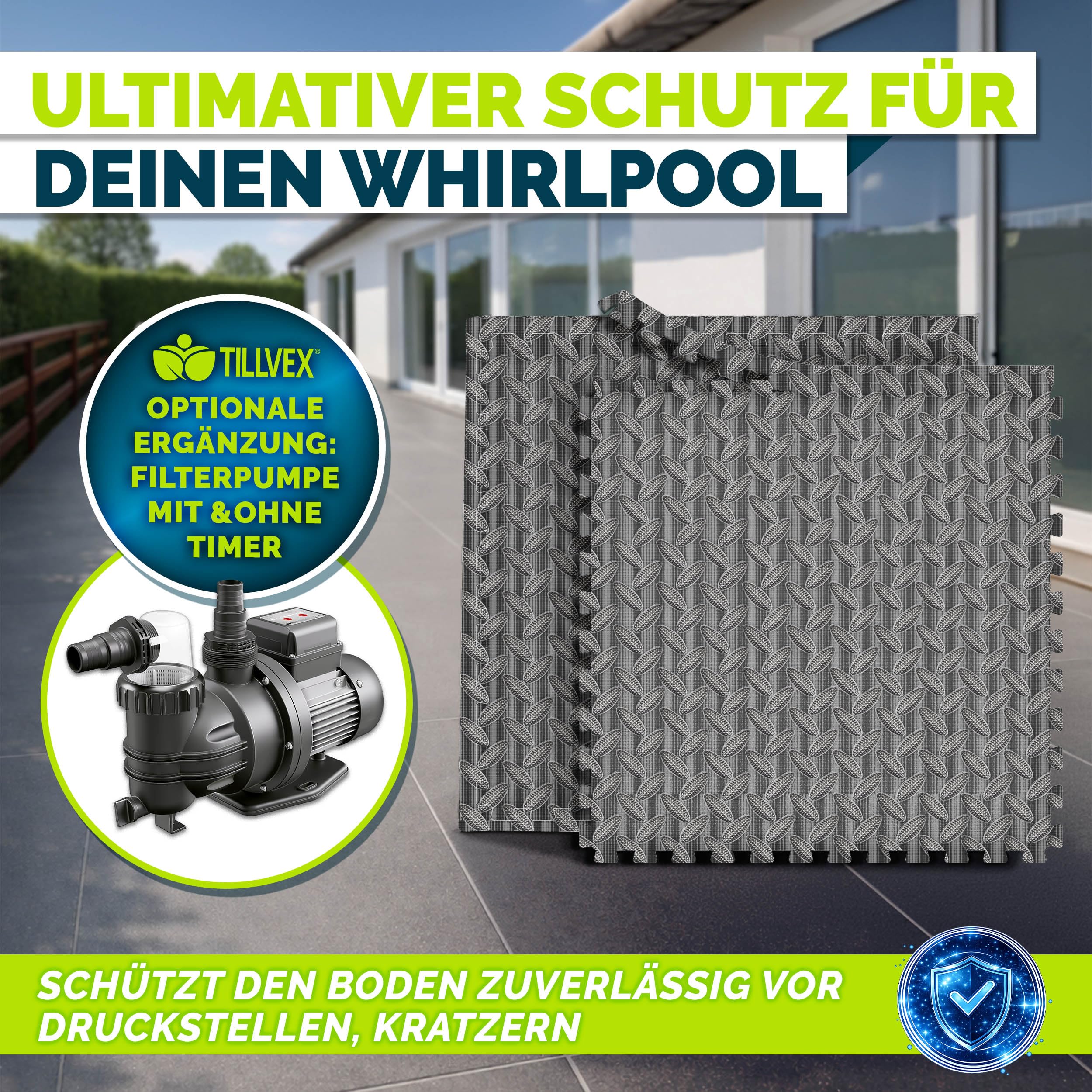 tillvex® Whirlpool Unterlage eckig 242 cm | Bodenmatte Poolunterlage Matte viereckig Outdoor Whirlpools | Thermo Bodenschutzmatte Pool Untergrund | Bodenschutz Bodenplatte schützt & isoliert (Grau)