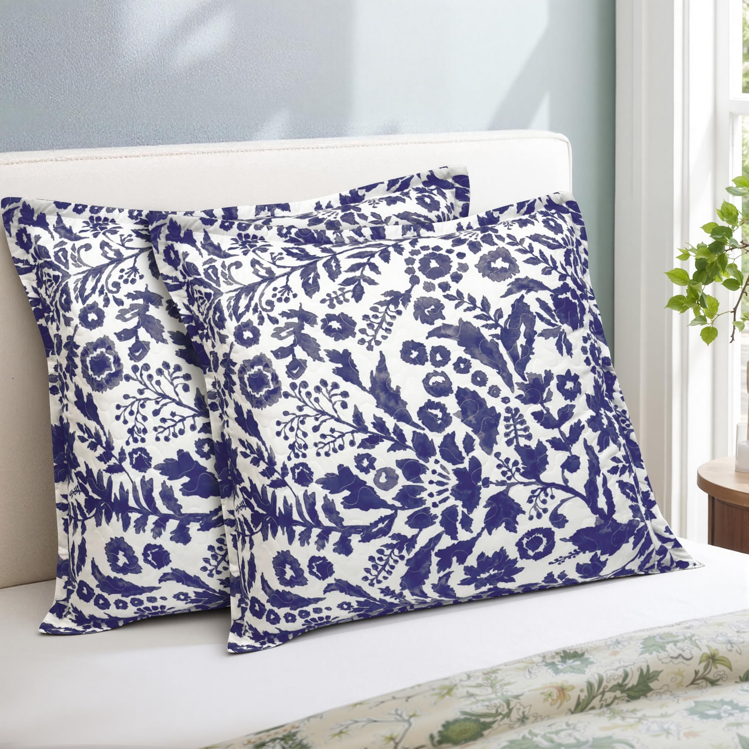 DriftAway Julia Watercolor Quilted Pillow Covers Blooming Flower Floral Printed Decorative Square for Home Sofa Bedroom Bed Decor 26 x 26 Inches 2PC