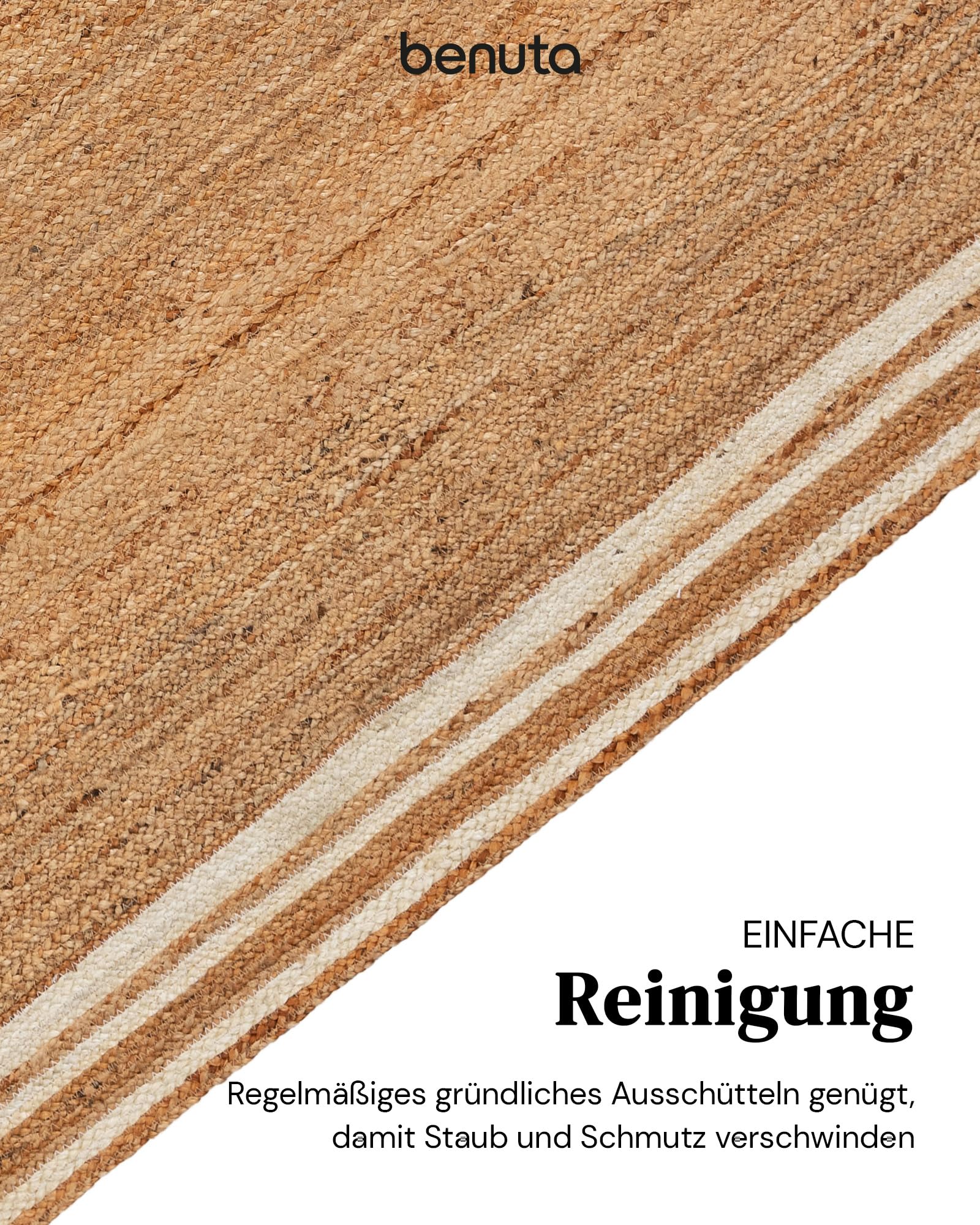 benuta Pure Jute Teppich Jutta - Natur 200x300cm - Weiße Bordüre - Handgewebter Wohnzimmerteppich - Natürliches Boho Design - Für Fußbodenheizung geeignet