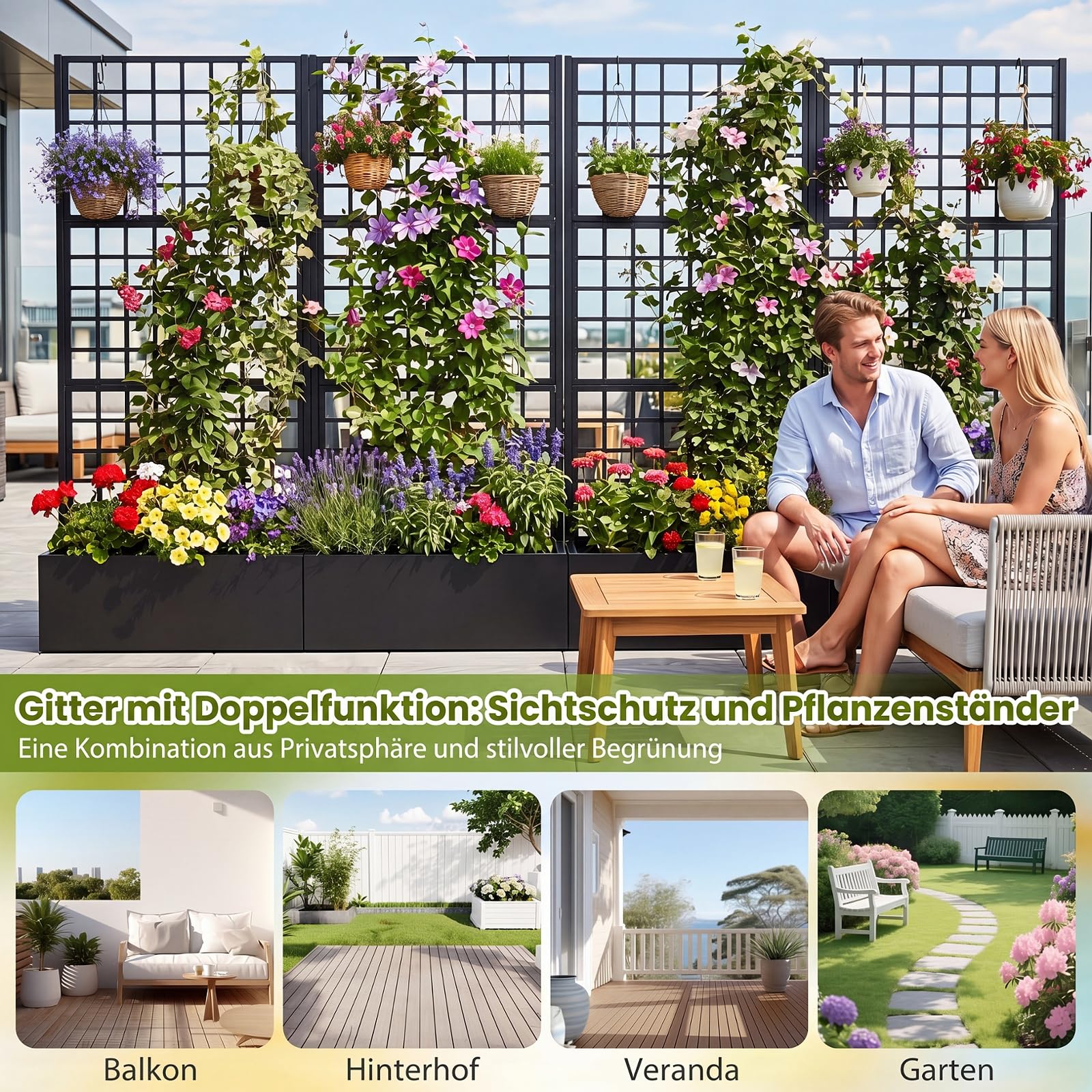 COSTWAY Blumenkasten mit Rankgitter, Pflanzkasten aus verzinktem Metall | Pflanzkübel Sichtschutz, Hochbeet mit Spalier & Abflusslöchern, Rankhilfe für Kletterpflanzen Garten Terrasse, 180,5 cm hoch