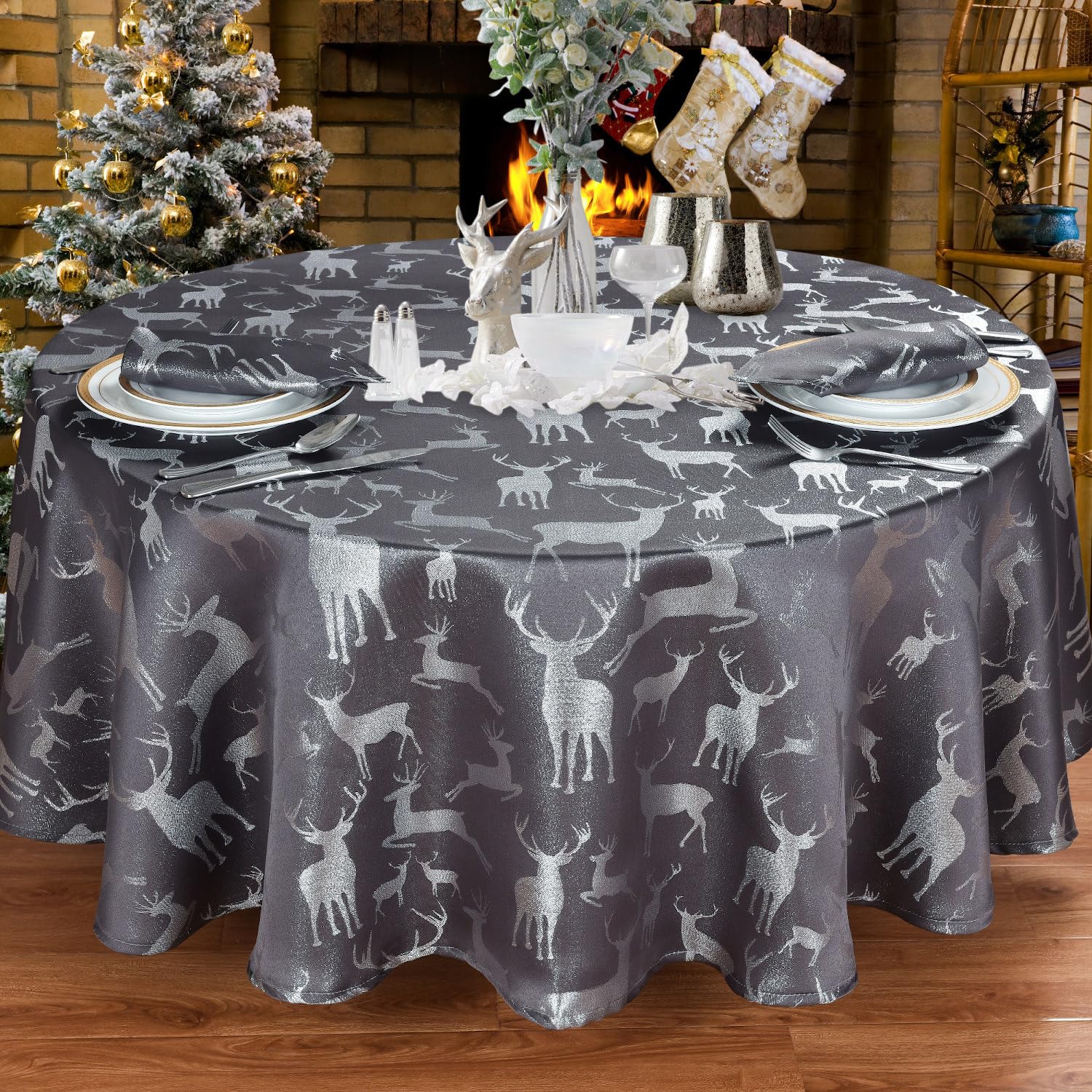 Kitchenwise Large Stag Charcoal Grey Slate Silver Christmas Table Cloth Range - Grey Silver Round / 70In