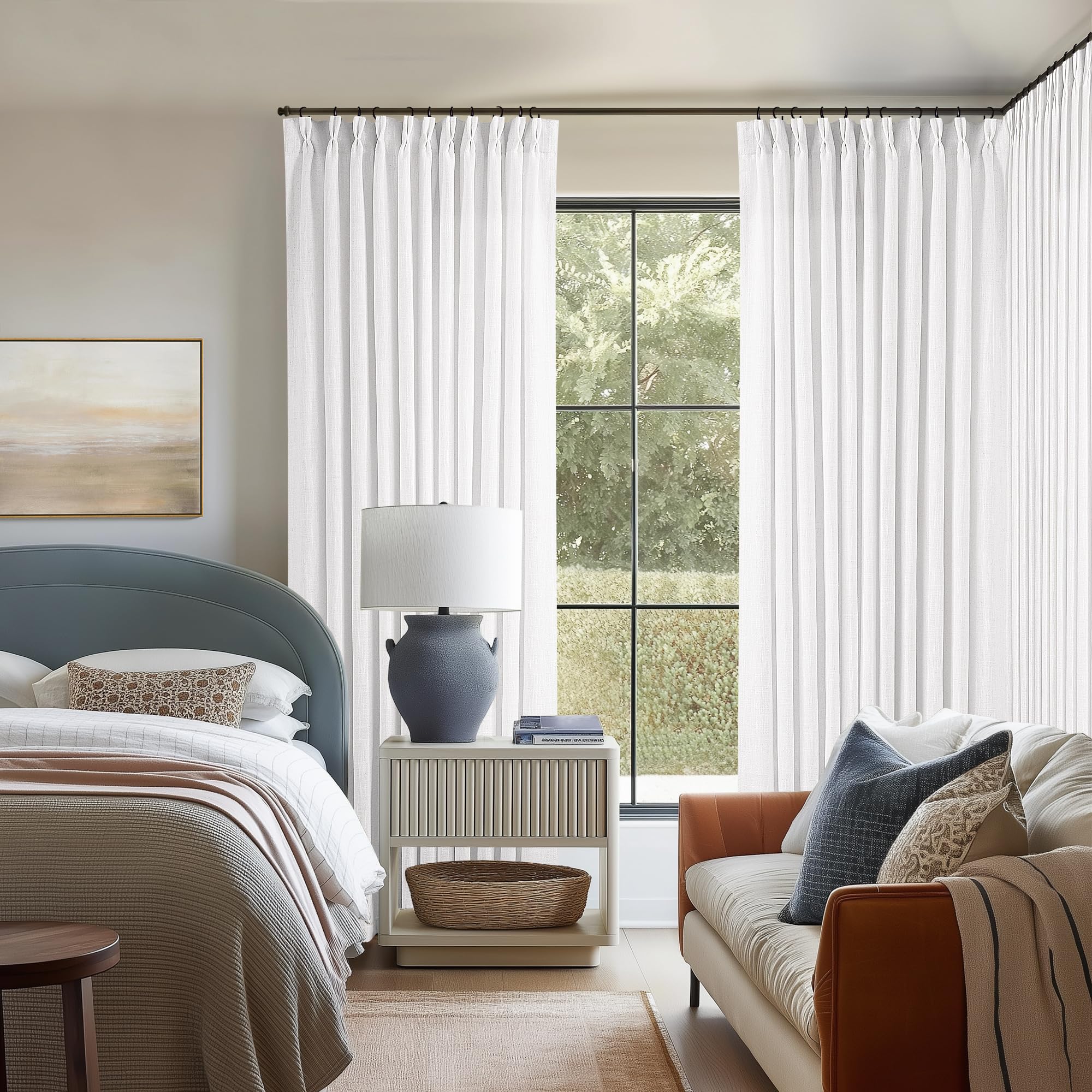 TWODRAPES Snow White Pinch Pleat Semi Sheer Linen Curtains W70xL102 1 Panel