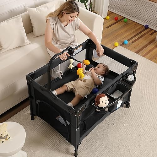 Miniatura 8 de Corralito 5 en 1, Moisés Portátil de Viaje para Bebé, Corralito de Viaje Plegable para Niños Pequeños, Cuna de Colecho, Mesa Cambiadora de Pañales,