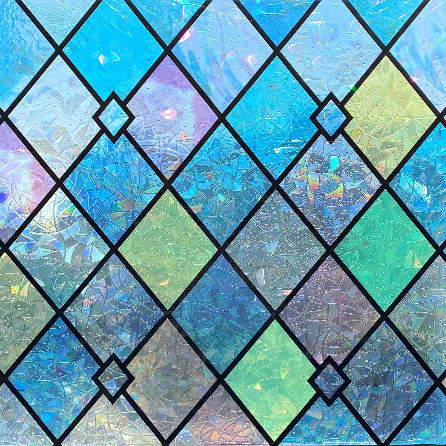 Jahoot Stained Glass Window Film, Window Cling Privacy Film, Colorful Lattice Window Tint Decorative Rainbow Glass Decals Stickers Sun Catchers for Home Anti UV Heat Block 35.4 x 118.1 inches