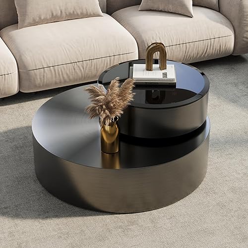 Miniatura 10 de Mesa de centro redonda giratoria de 41 pulgadas con mesa giratoria de 360° y diseño de 2 niveles, decoración de metal negro mate y dorado, mesa Mate