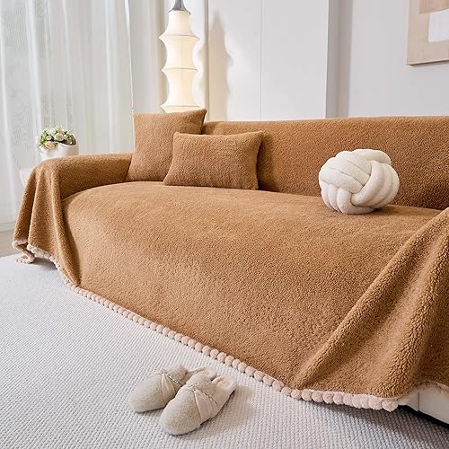 Miniatura 6 de Funda de sofá de forro polar Sherpa para sofá de 2 cojines, marrón, 71 x 118 pulgadas, funda de sofá a prueba de mascotas, resistente, resistente a