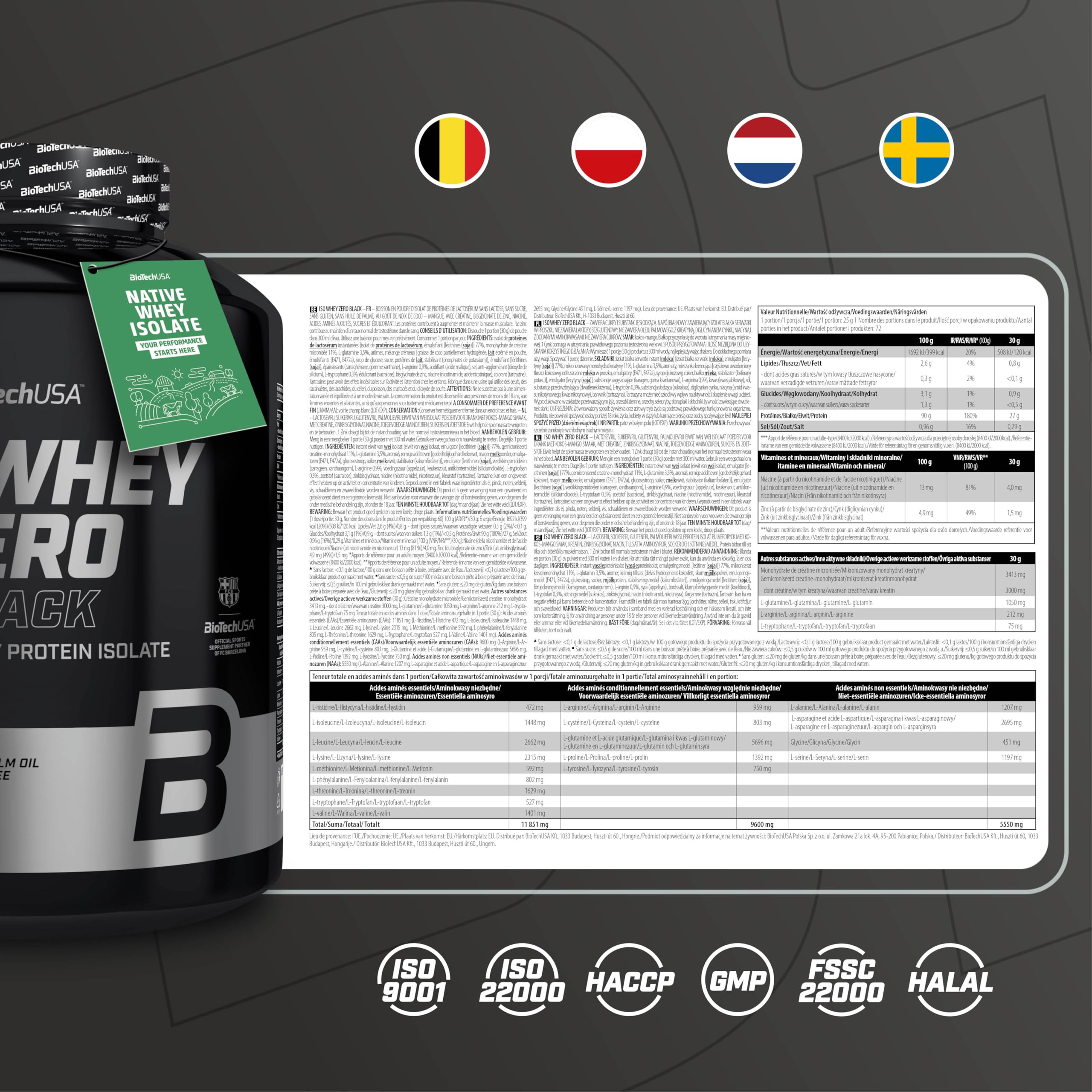 BioTechUSA Iso Whey Zero Black | z kreatyną, cynkiem, witaminą B3 i aminokwasami | 90% białka | bez cukru, bez laktozy, bez glutenu, 1816 g, Kokos-Mango