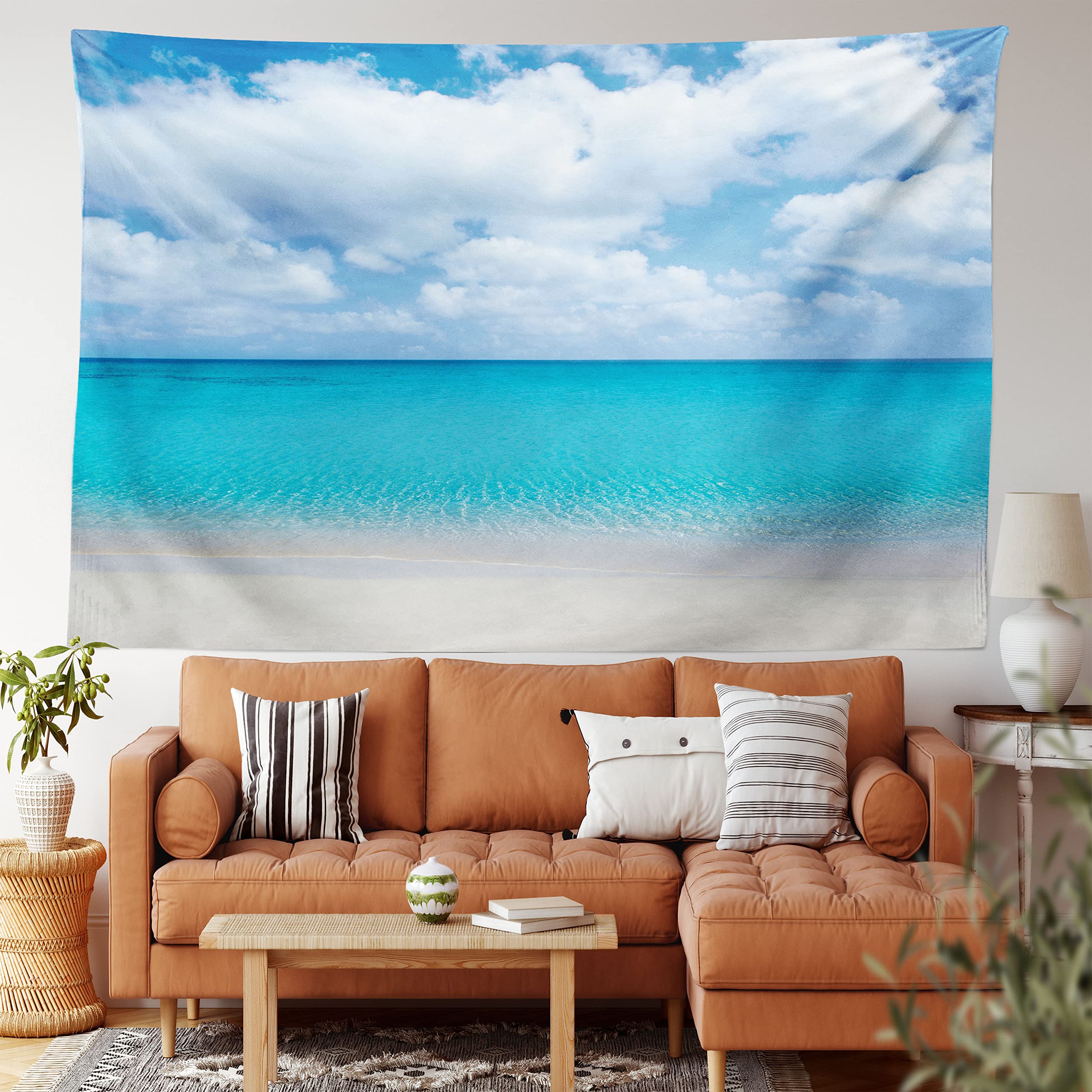 Ambesonne Ocean Tapestry, Solitude Peaceful Beach Scene Sea and Cloudy Sky Paradise View Print, Wide Wall Hanging for Bedroom Living Room Dorm, 60