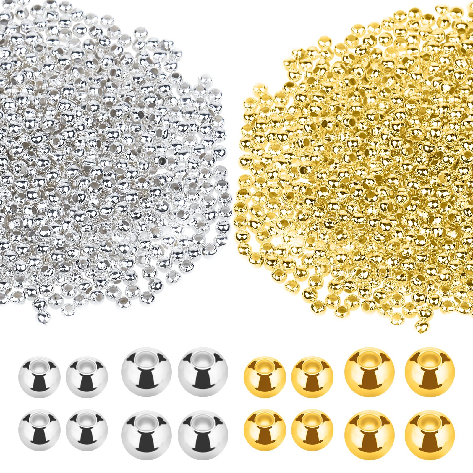 2200 Pieces Gold Silver Spacer Beads - Premium Metal Round Beads for DIY Bracelet Necklace Making, Jewelry Crafting Supplies, Non-Tarnish Iron Ball Bead in Dual-Tone (2.4mm/3.2mm)