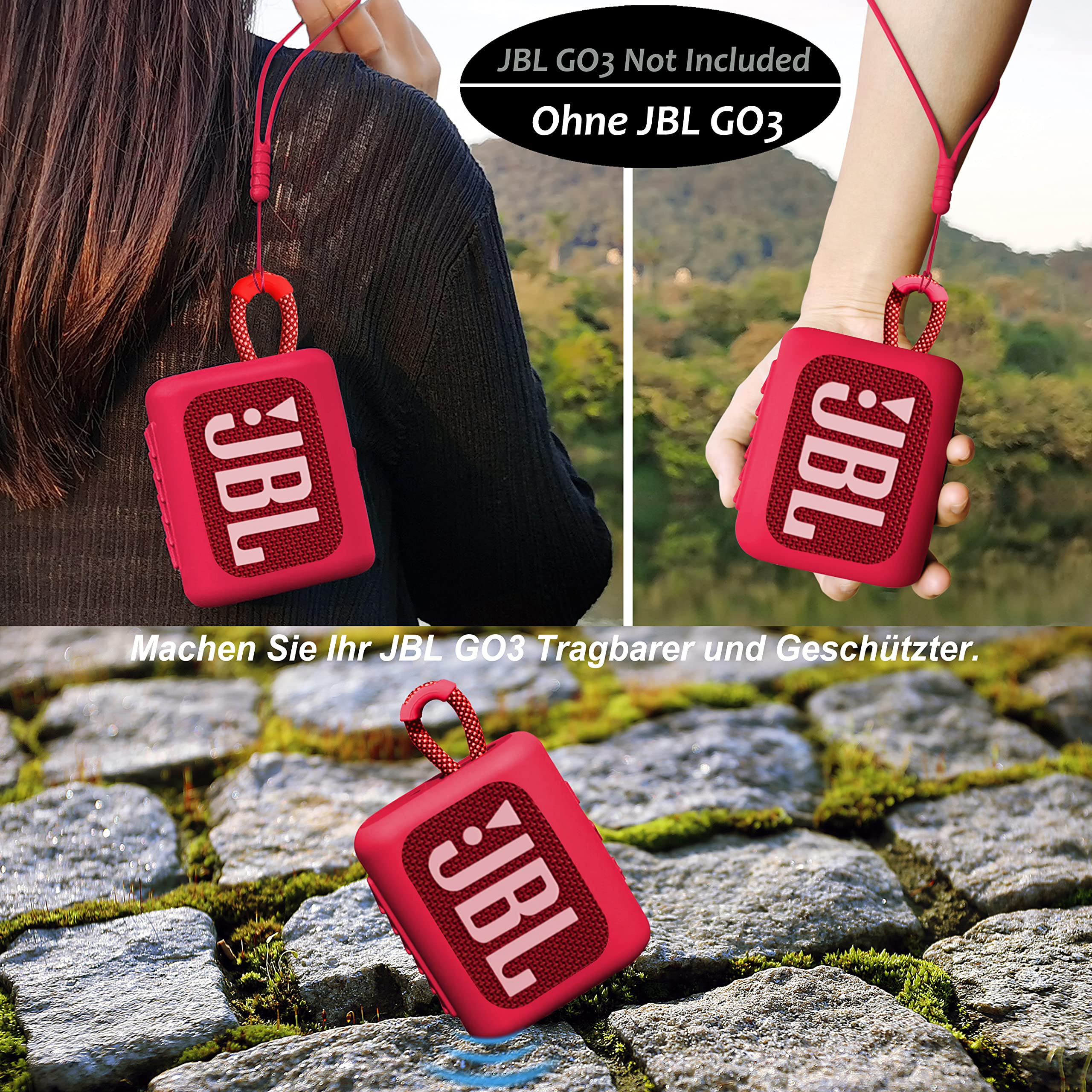 Étui en silicone pour JBL GO 3 avec tour de cou et mousqueton, Rouge