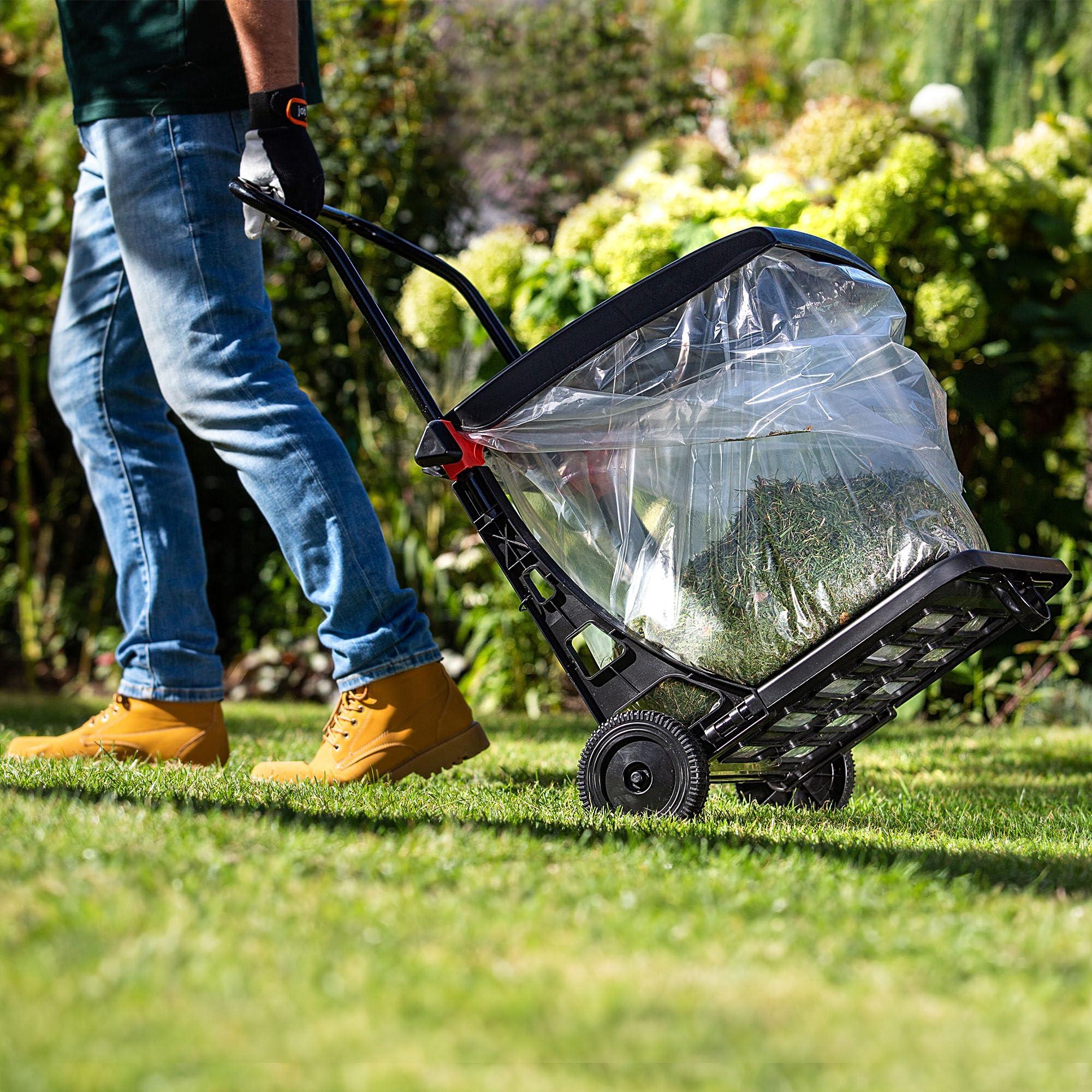 KADAX Carro de basura de 80 l, cubo con tapa y ruedas, soporte para bolsas móviles para jardín, acero y plástico