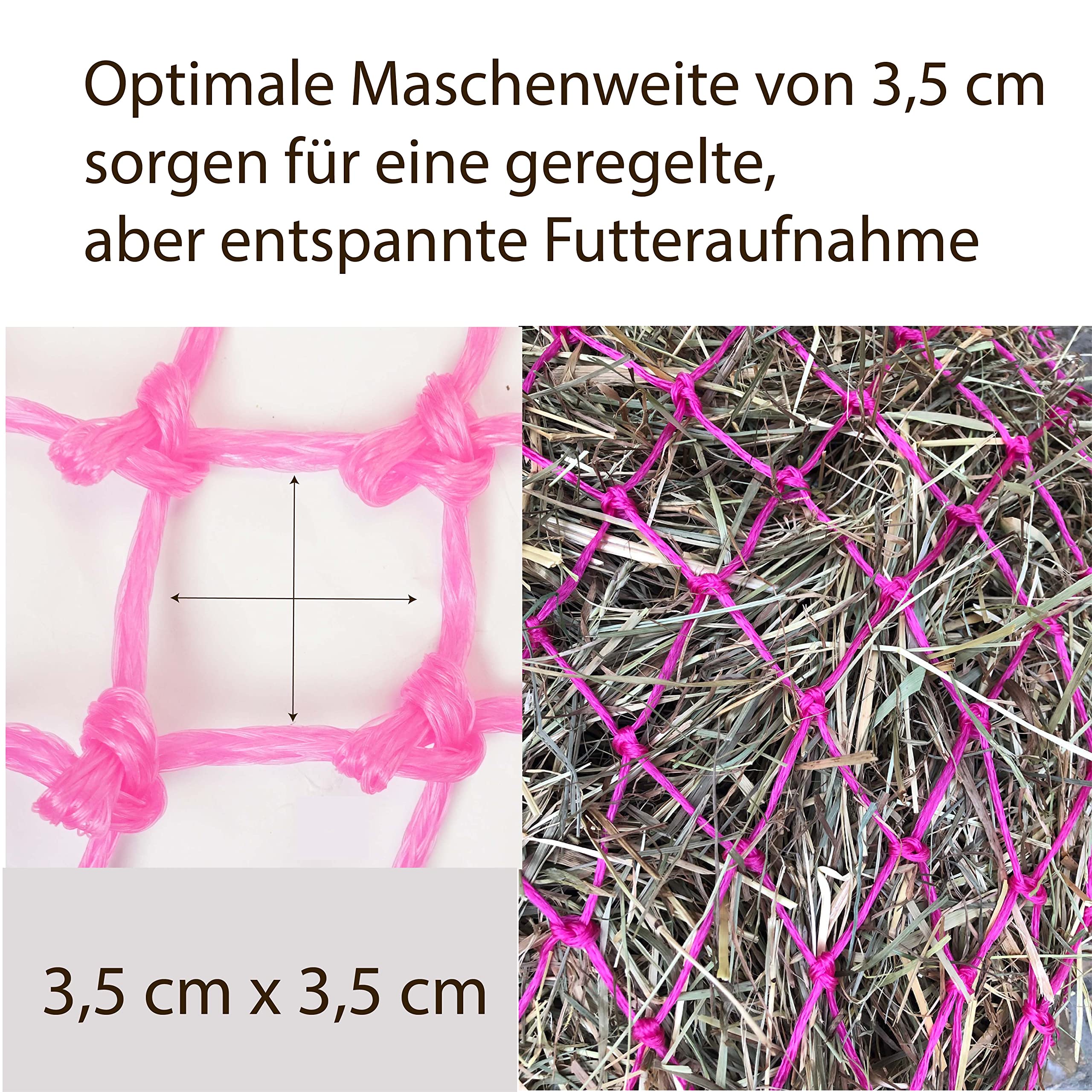 Rete per fieno per cavalli, a maglie strette, larghezza maglia 3 x 3 cm, peso di riempimento 3-4 kg (2 rosa)