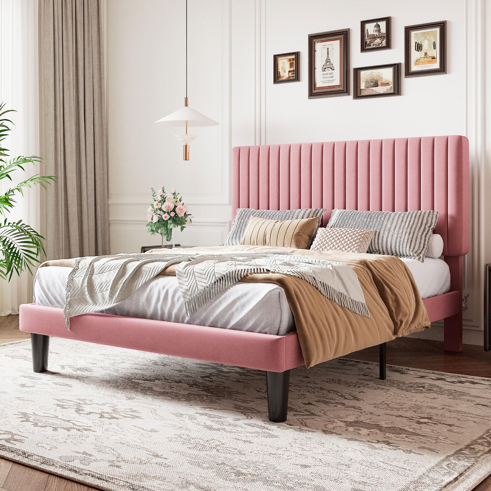 WEEWAY Queen Size Velvet Upholstered Platform Bed, Vertical Channel Tufted Headboard, Wooden Slats Support, Heavy Duty Mattress Foundation, No Box Spring Needed, Easy Assembly, Pink