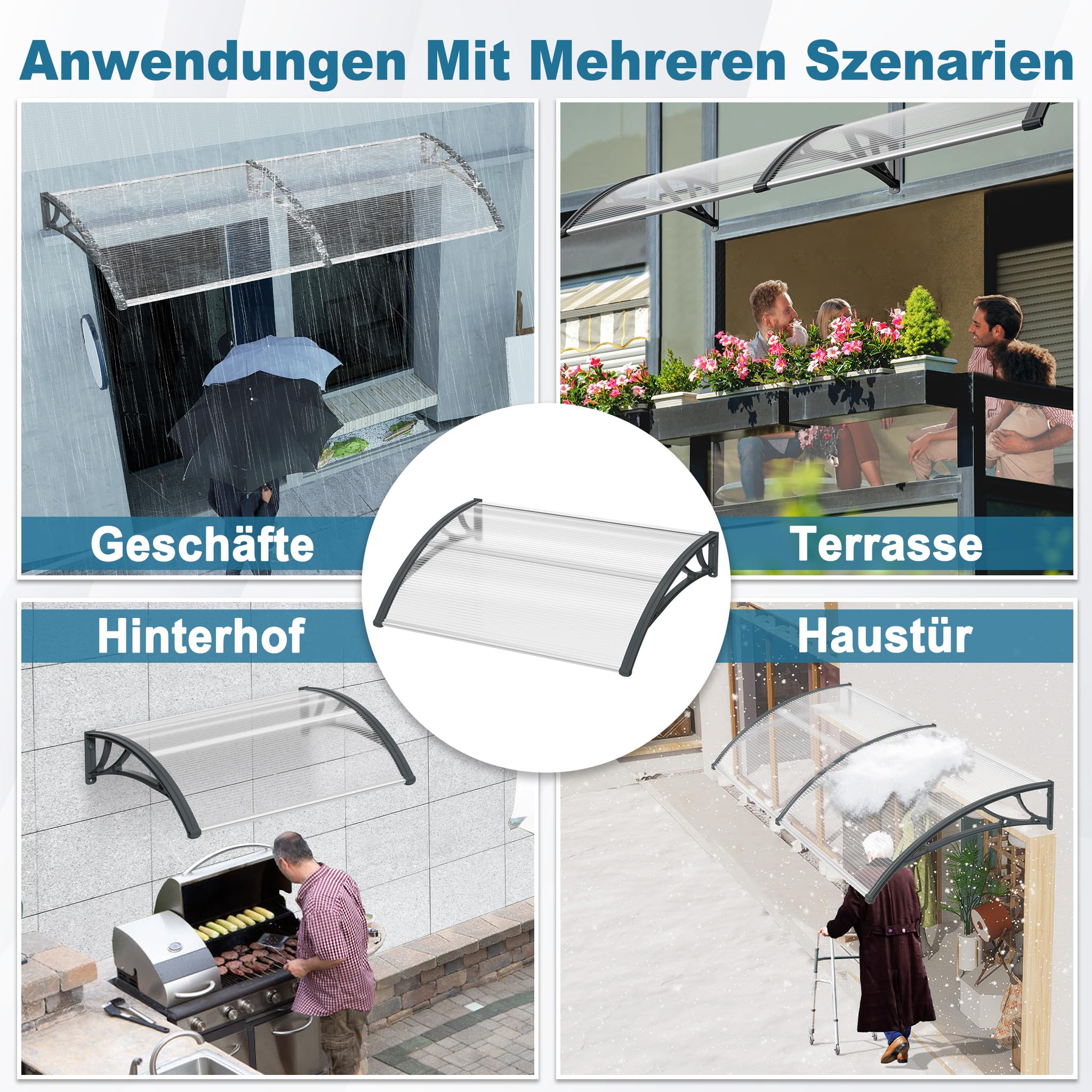 Froadp 100x150cm Marquesina para Puerta, Toldos de Policarbonato, Semitransparente Tejadillo Exteriores de Protección para contra la Lluvia Nieve y los Rayos UV, Toldos para Ventanas de Patio(Gris)