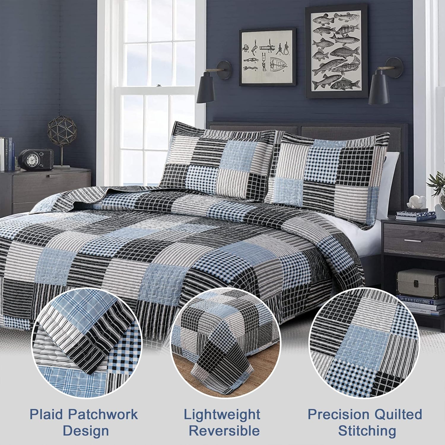 Modern Home Collection Queen Size Bedding Set - Reversible Plaid Quilt & Bedspread, Lightweight, Black & White Stripe - Image 2
