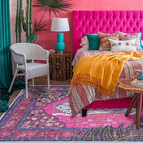 Miniatura 7 de Alfombra de leopardo de 5 x 7 pies para sala de estar, alfombra estética vintage de leopardo rosa intenso, para habitación de niñas, guardería,