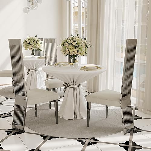 Miniatura 2 de Juego de 2 sillas de comedor blancas y plateadas, sillas de comedor tapizadas con respaldo alto con respaldo y patas de acero inoxidable espejado,