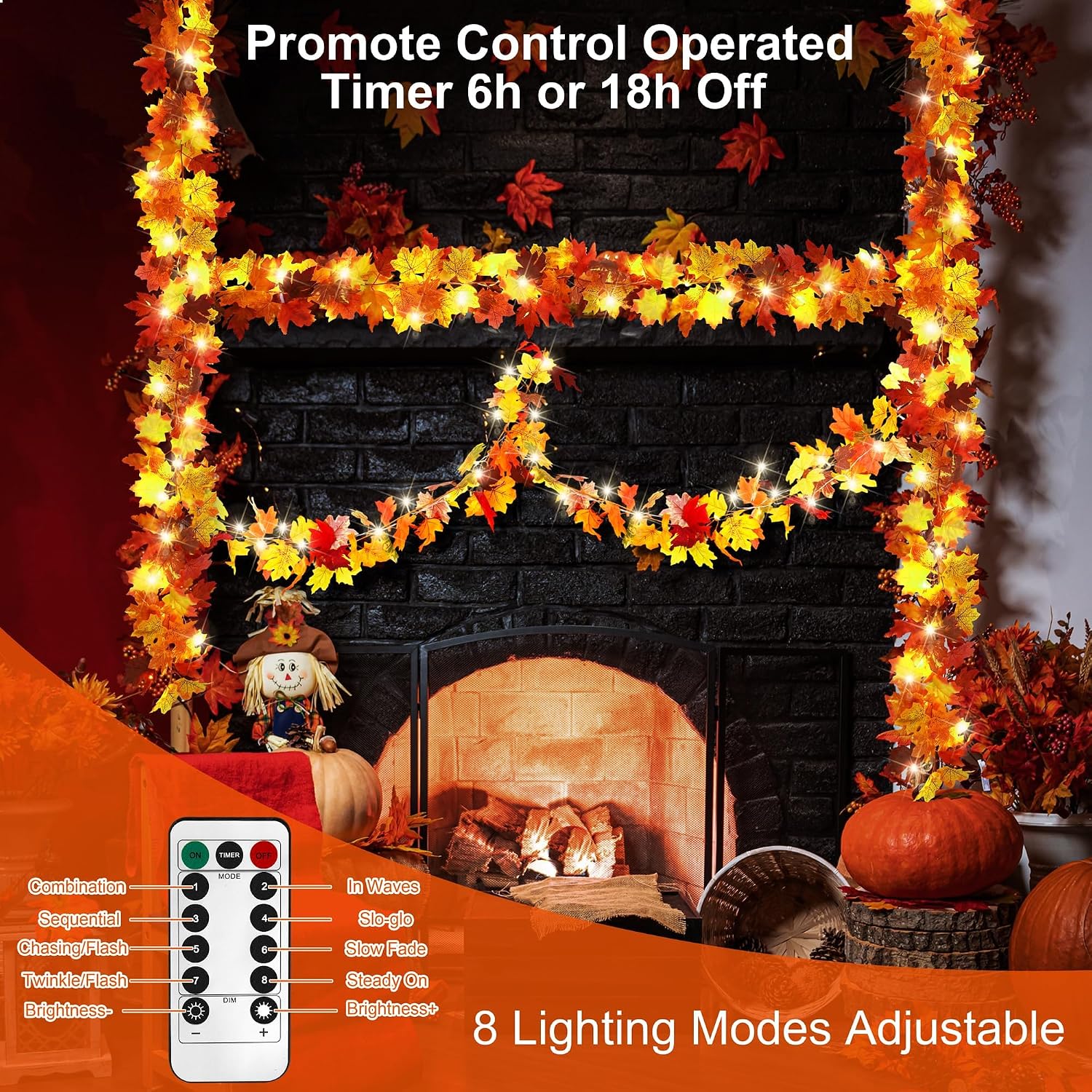 Aneco 6 Pack 5.74 Feet Each Maple Leaves Garlands with 8 Lighting Modes LED String Lights Artificial Maple Leaf Fall Decorations for Home Indoor Outdoor Thanksgiving Halloween Decor, Total 34.5 Feet