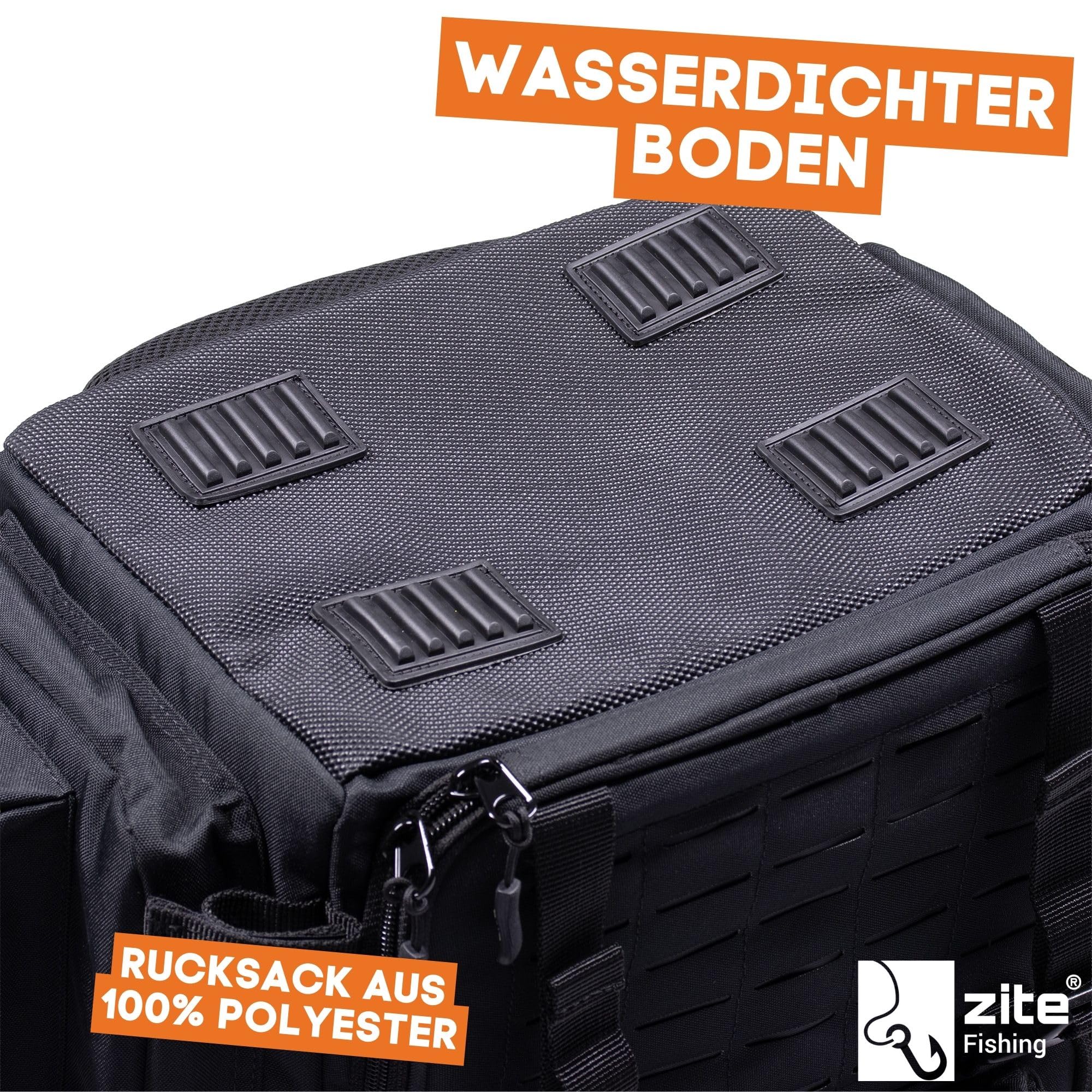 Zite Fishing Angelrucksack mit Boxen & Rutenhalter – Große Angeltasche mit Boxen (4 Stück) - Angel Rucksack-mit-Boxen - extra Dickes Rückenpolster, Angelrucksack-mit Rutenhalter, Fishing Backpack