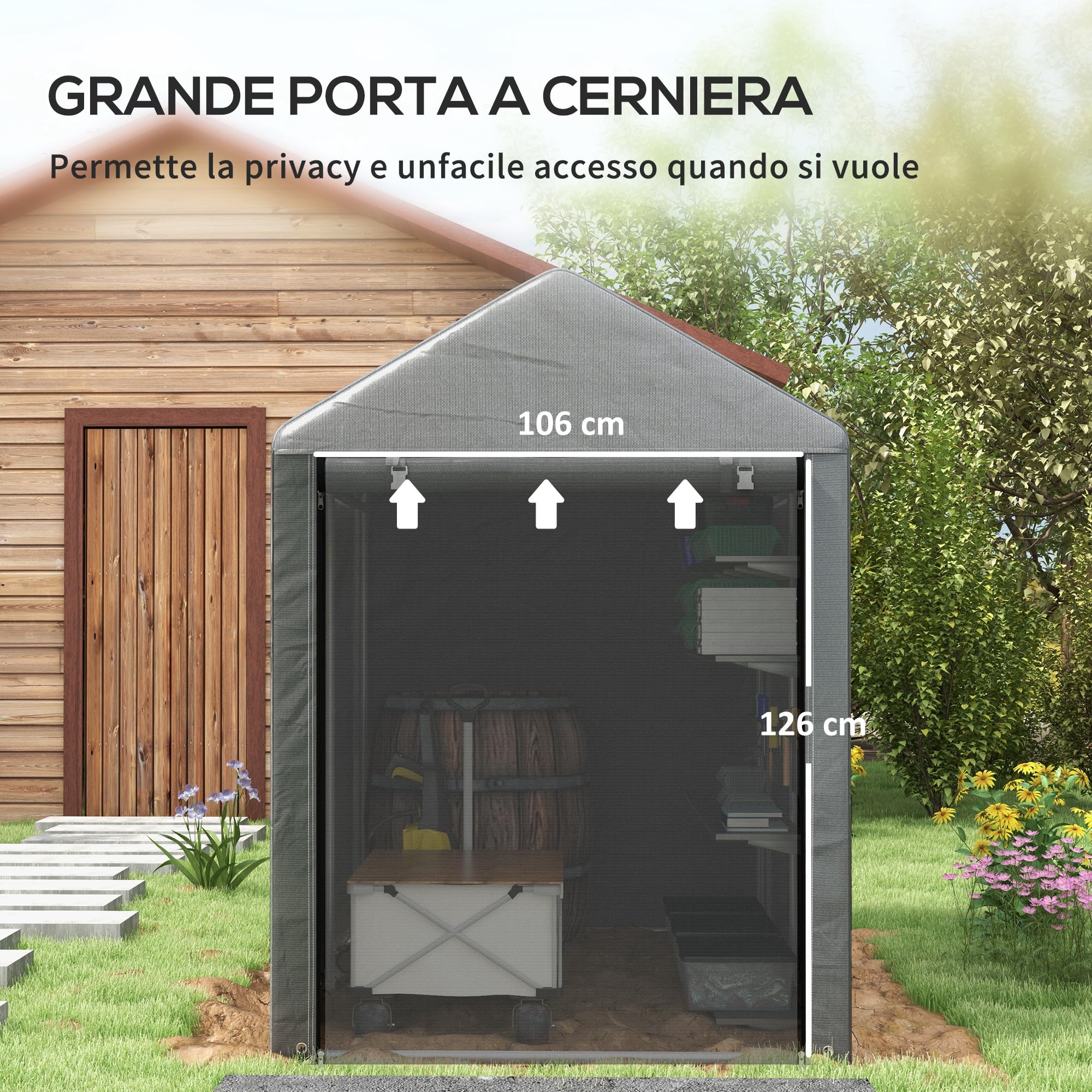 Outsunny Outdoor Motorcycle Garage Storage Box with Zip Entry, Garage Tent for Bicycles and Tools in Galvanised Metal and PE Fabric, 120 x 179 x 165 cm, Dark Grey - 5