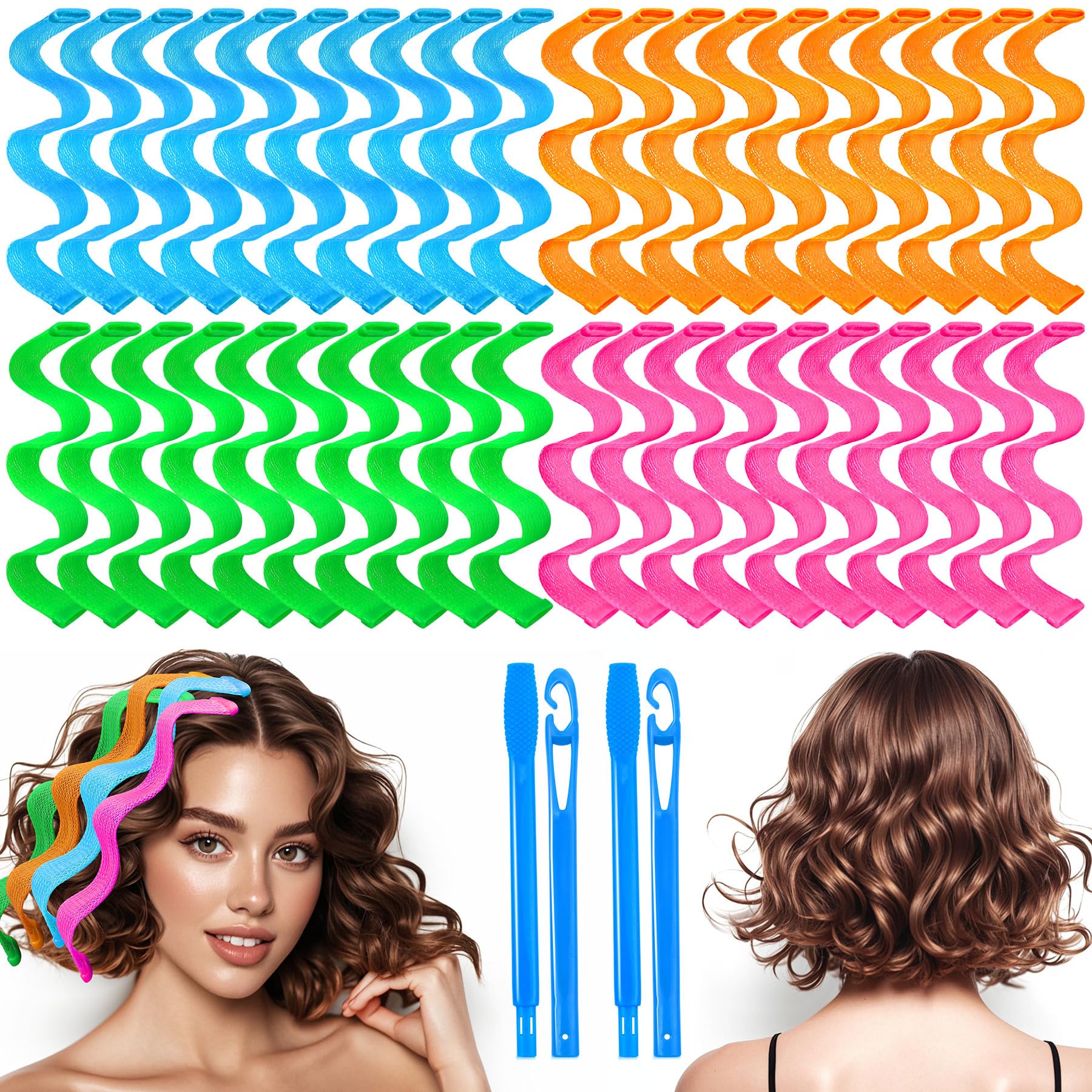 42 Pieces Heatless Waves Hair Curler, No Heat Damage Wavy Hair Curlers with 2 Sets of Styling Hooks, Heatless Curls for Women Girls Short Hair((4 Colors, 25cm / 9.8")