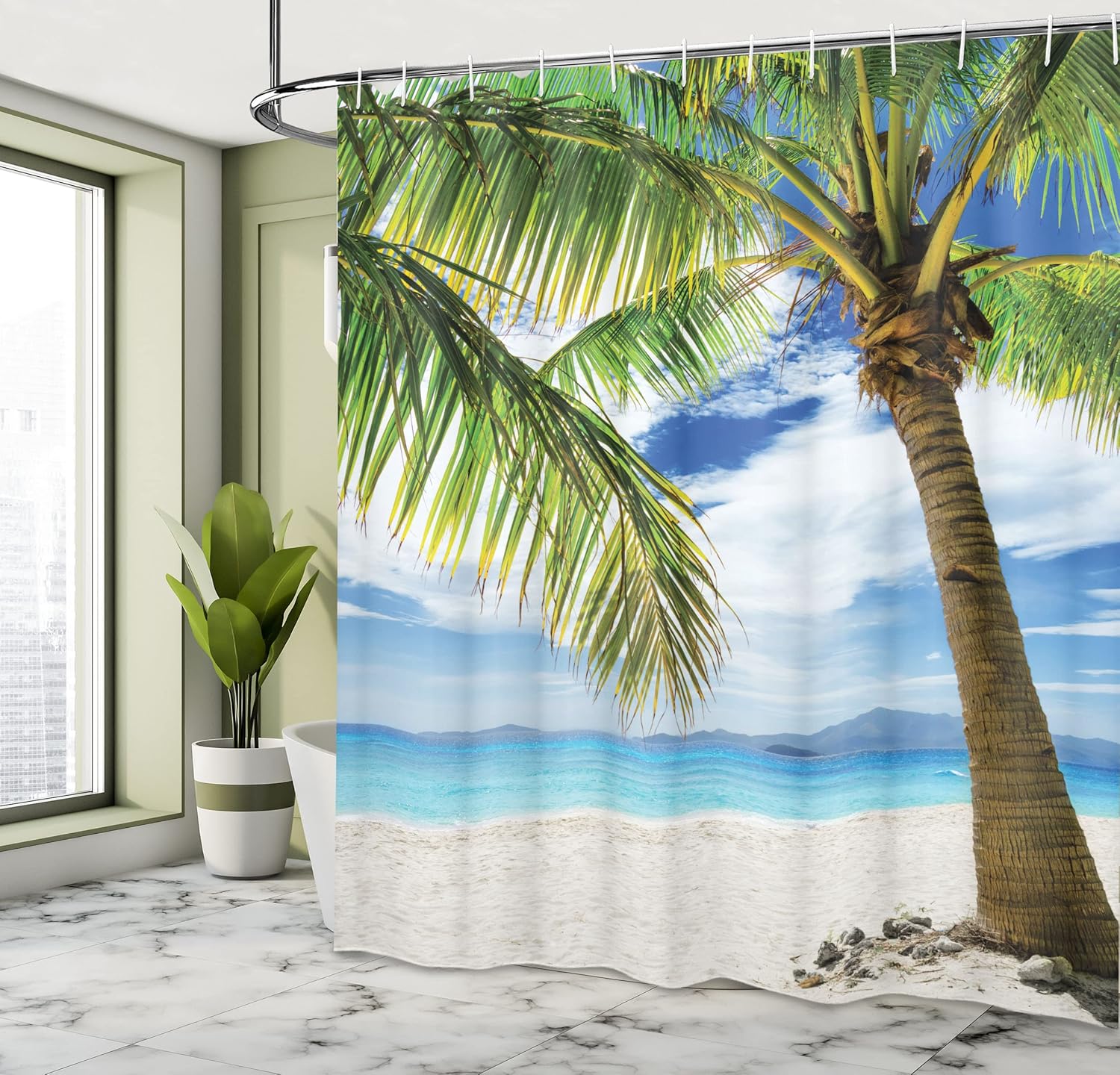 Ambesonne Lonely Palm Tree Shower Curtain, Sandy Beach Isolated Philippines Hot Sunny Travel Destination, Cloth Fabric Bathroom Decor Set with Hooks, 69" W x 75" L, Coconut Green Blue