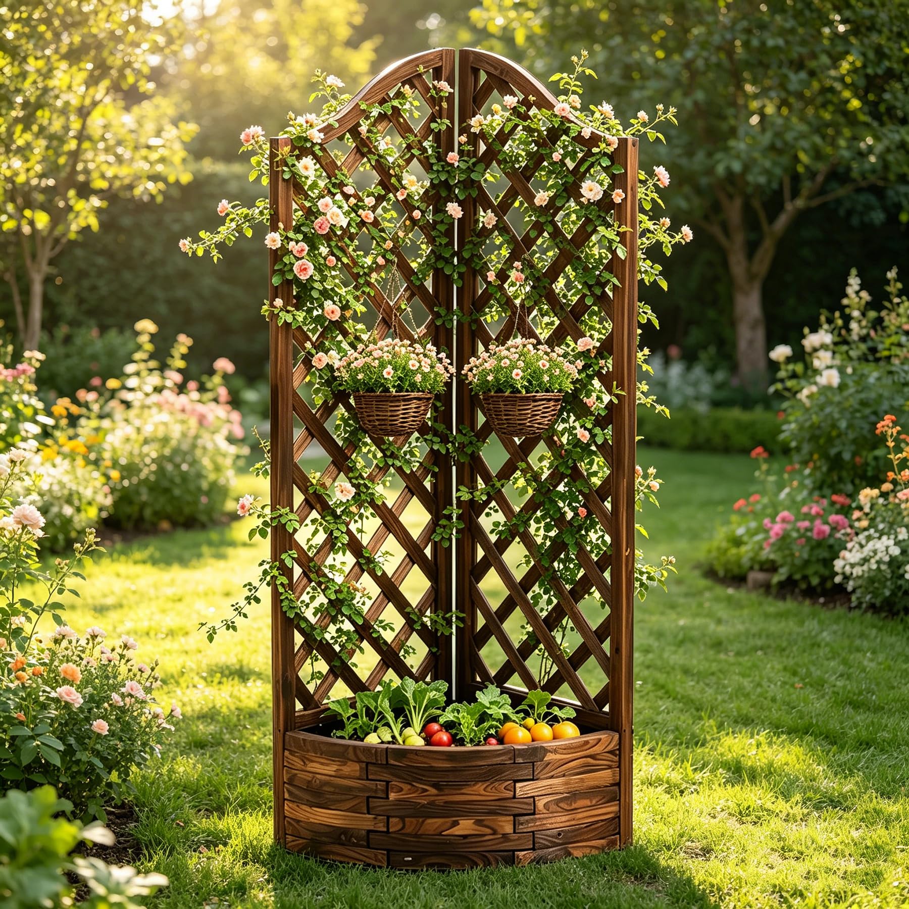 Fioriera con Traliccio 67x45x150cm, Aiuola Rialzata in Legno Carbonizzato, Porta fiori con Grigliato, Supporto per Piante Rampicanti, Porta Piante da Esterno per Giardino, Balcone