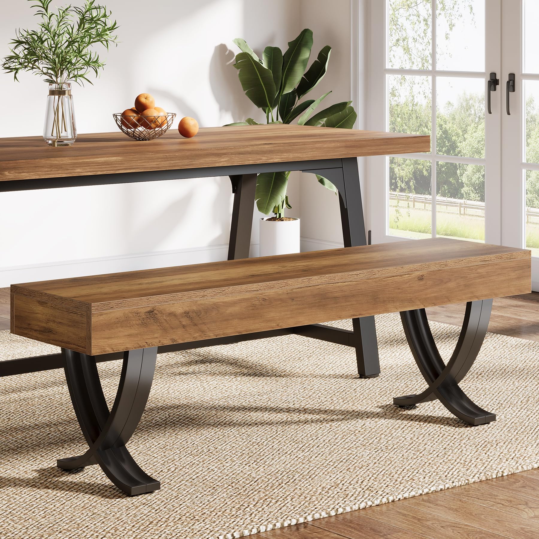 Tribesigns 55 Inches Farmhouse Dining Bench, Wooden Kitchen Table Seat with Metal X-Shaped Legs, Long Home Indoor Bench for Dining Room, Bedroom, Entryway, Mudroom (1)