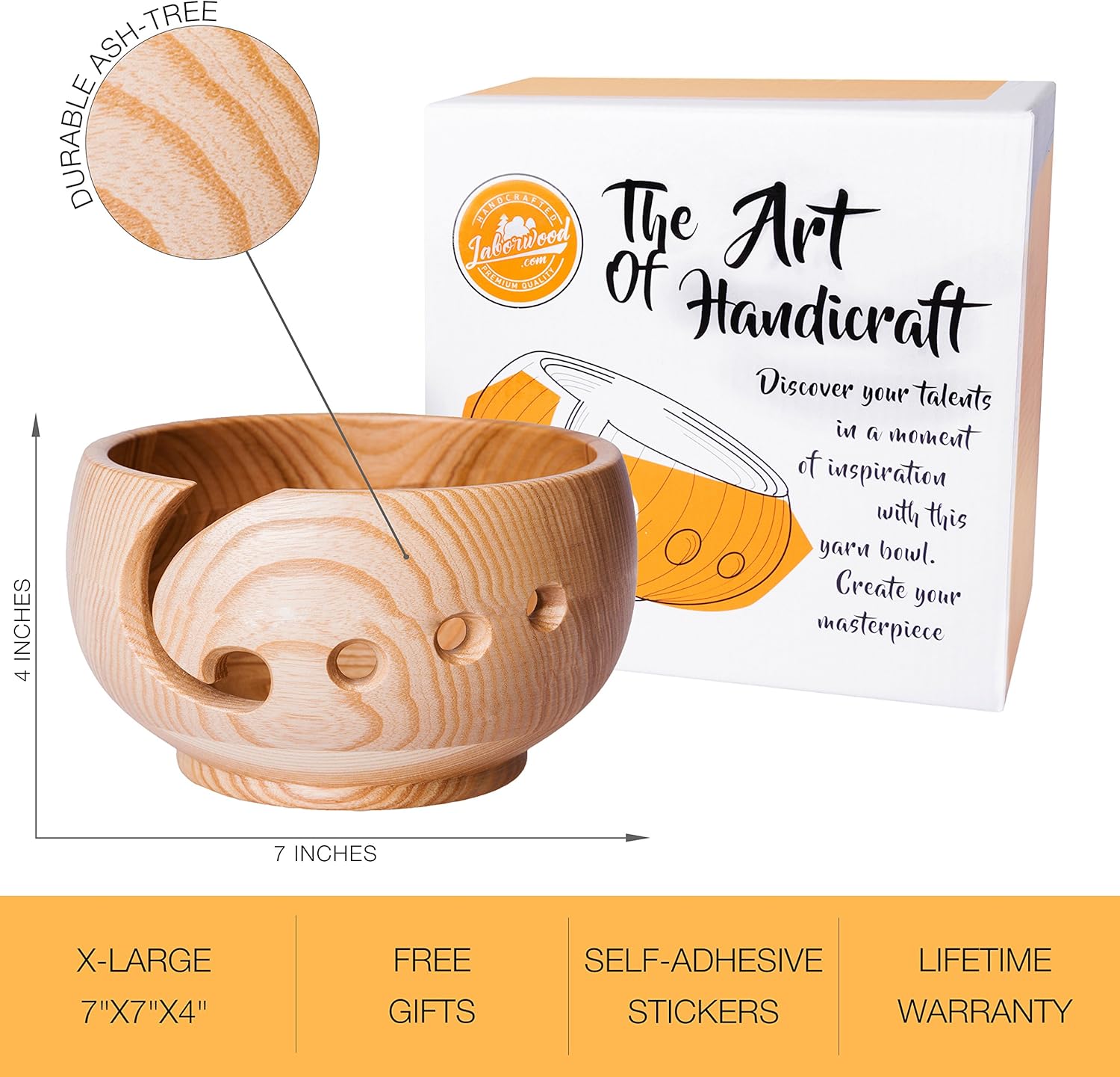 LABORWOOD Large Wooden Yarn Bowl 7"x4" Handmade Ash-Tree Wood Crochet & Knitting Holder Perfect Dispenser for Skeins Balls Knit Accessories Portable Heavy Cat Storage Ideal Gift for Crafters (Buff)