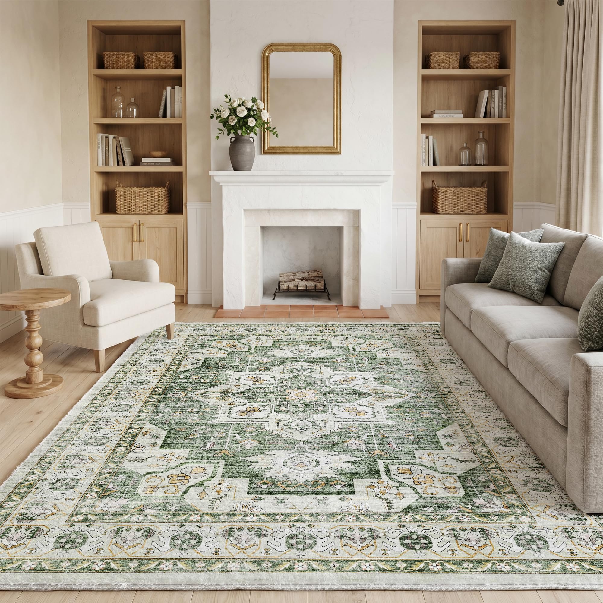 Cliporix Large Green Area Rug for Living Room 160 x 230 cm, Machine Washable, Non-Slip Backing, Soft Low Pile, Vintage Boho Rugs, Fluffy Large Rug for Bedroom, Dining Room, Home Office