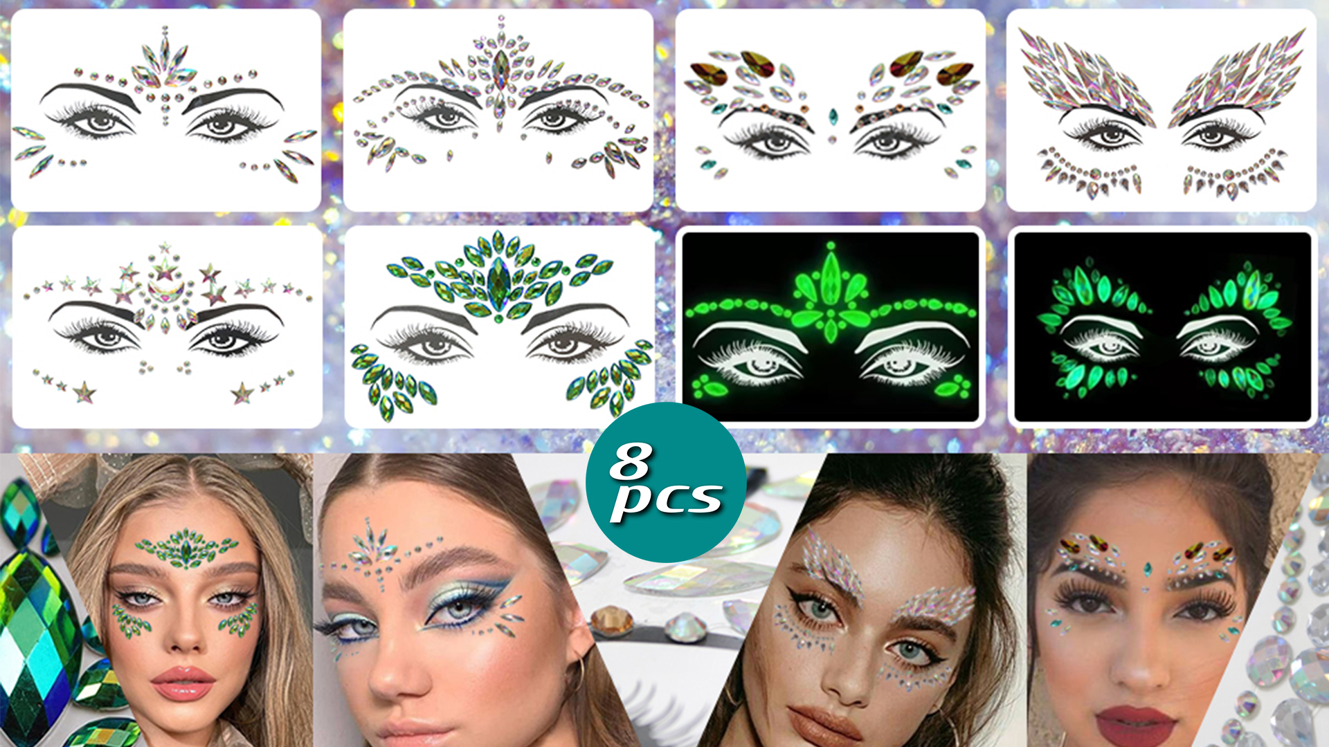 6 Pezzi Di Tatuaggi Con Brillantini E Gemme Adesive Per Viso - Multicolore, Ideali Per Halloween, Carnevale E Festival