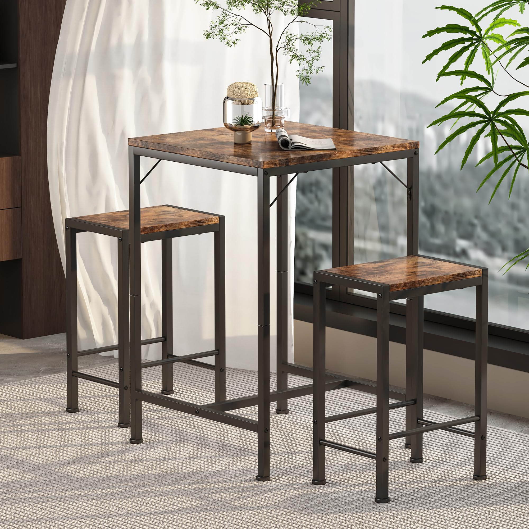 Juego de mesa y sillas de bar, mesa de bar cuadrada con 2 taburetes, juego de comedor que ahorra espacio para 2, perfecto para cocina, rincón de desayuno, sala de estar y espacios pequeños 2