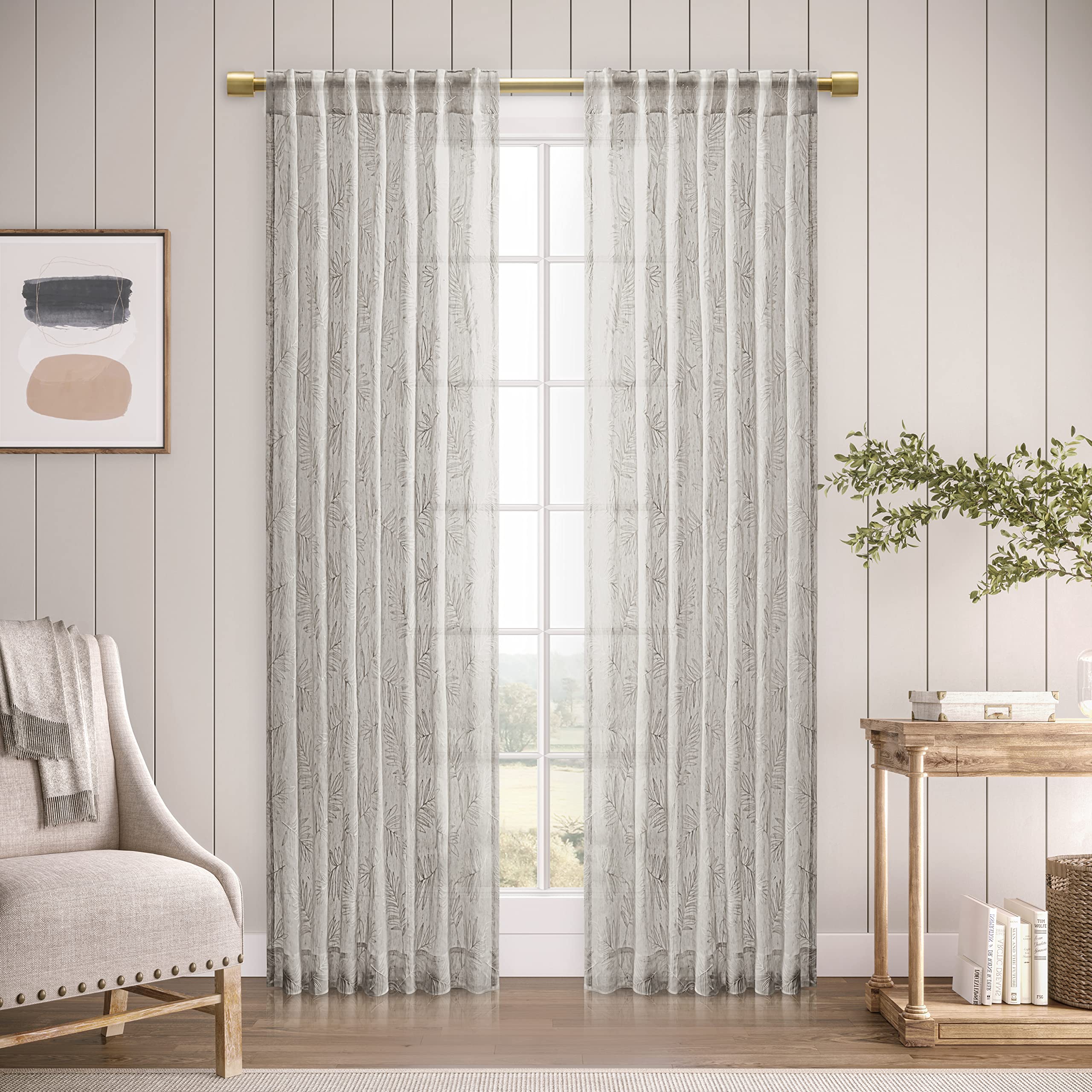 Ricardo TradingSheer Leaf Rod Pocket with Back Tab Panel | 52" W x 96" L | Grey | Unlined, Semi-Sheer & Embroidered Leaf Design | Livingroom & Bedroom Machine Washable Polyester | 1 Curtain