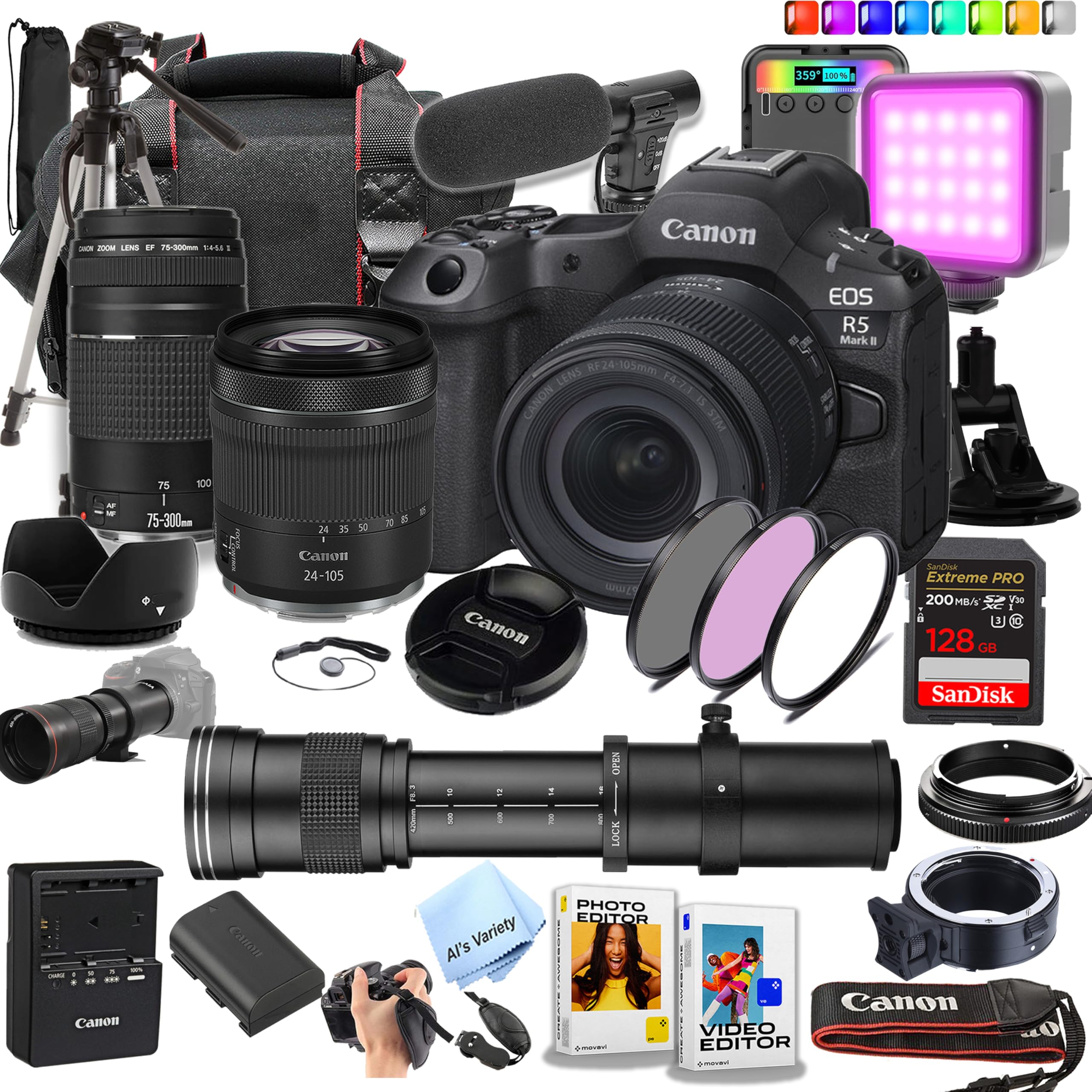 Canon EOS R5 Mark II Full-Frame Mirrorless Camera with 24-105mm & 75-300mm Lenses + 420-800mm Lens + 128GB Extreme Card + Case + Mic + RGB Light + Tripod + More (Content Creator Bundle) (Renewed)